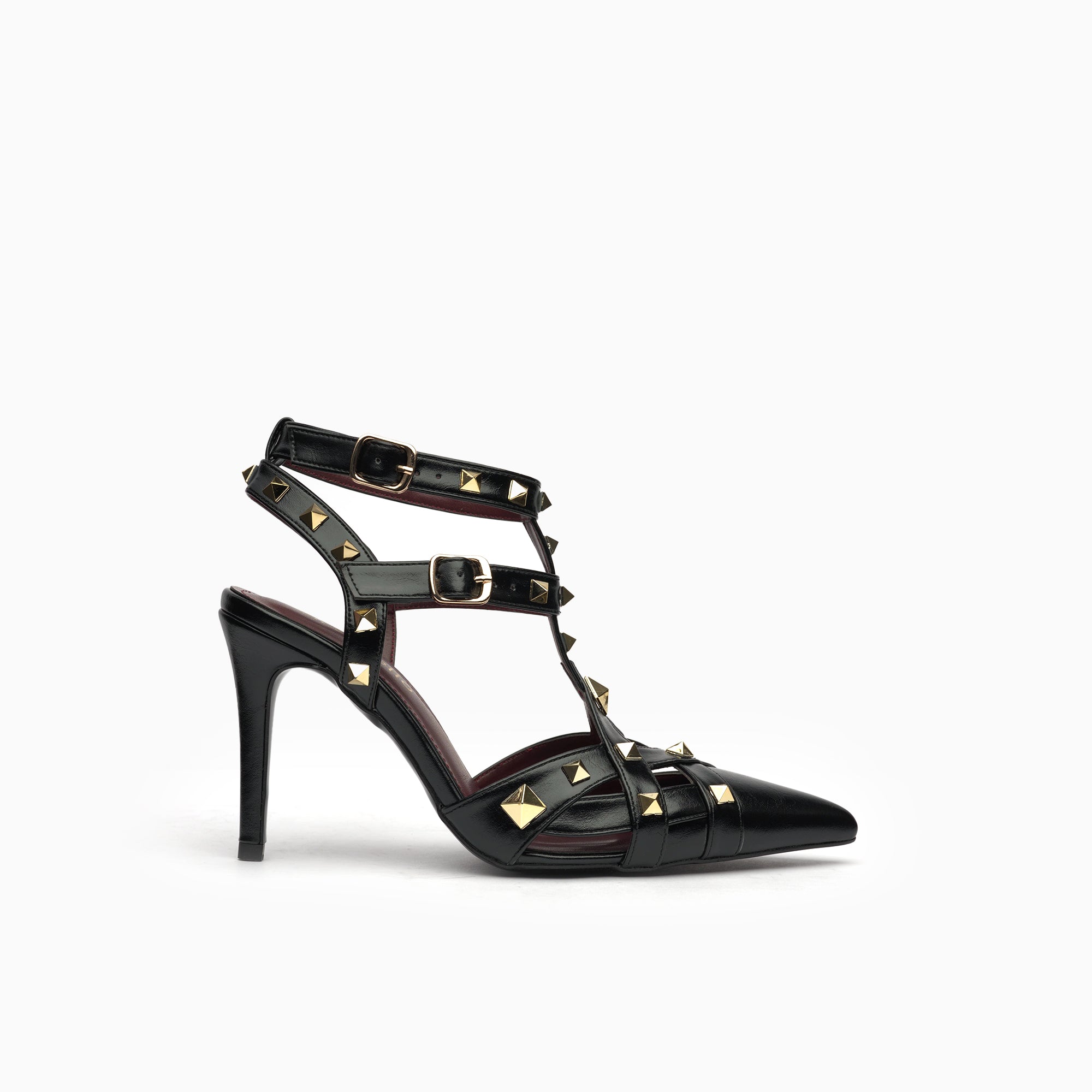 Valentina Jet Black Studded Caged T-Strap Sandal — side view | Scarpetto