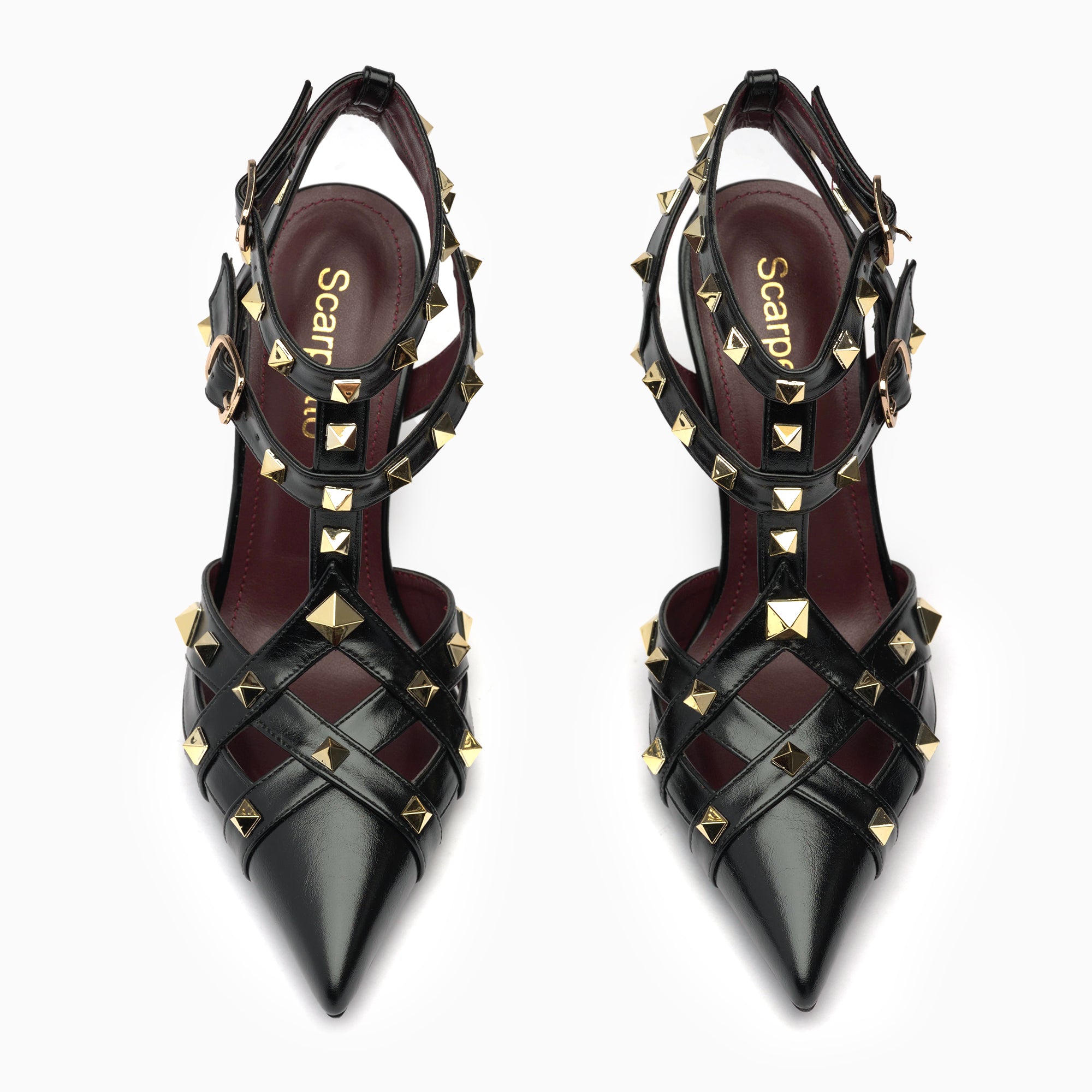 Valentina Jet Black Studded Caged T-Strap Sandal — top view | Scarpetto