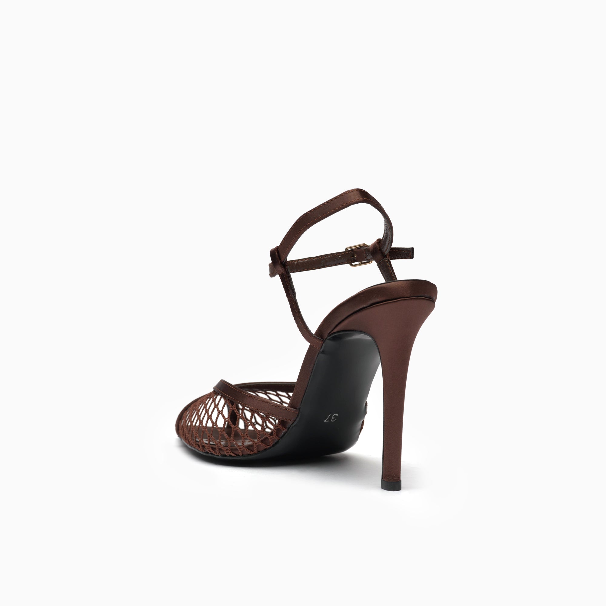Velo Cognac Tan Mesh Peep-Toe Ankle-Strap Sandal — heel detail | Scarpetto