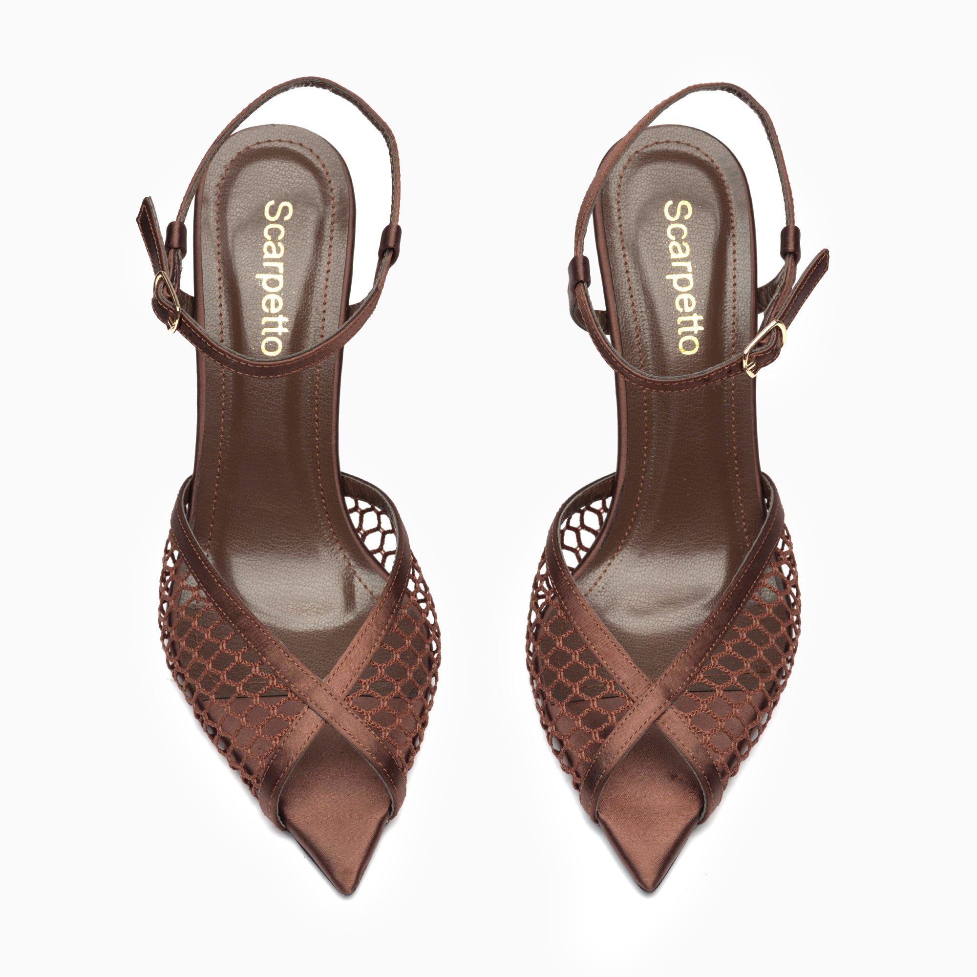 Velo Cognac Tan Mesh Peep-Toe Ankle-Strap Sandal — top view | Scarpetto