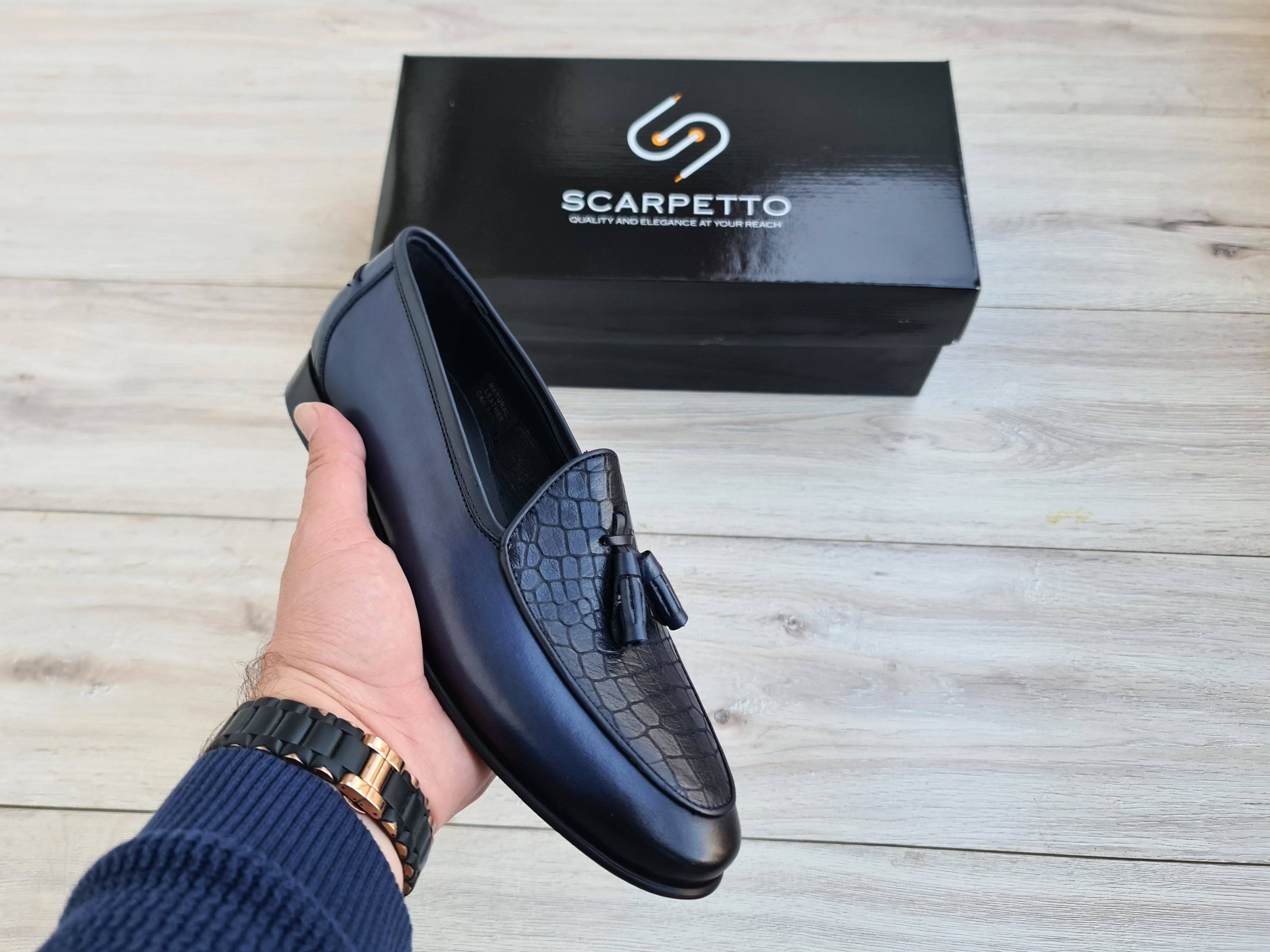 Frangiato Croco Navy Men's Leather Loafer — three-quarter view | Scarpetto