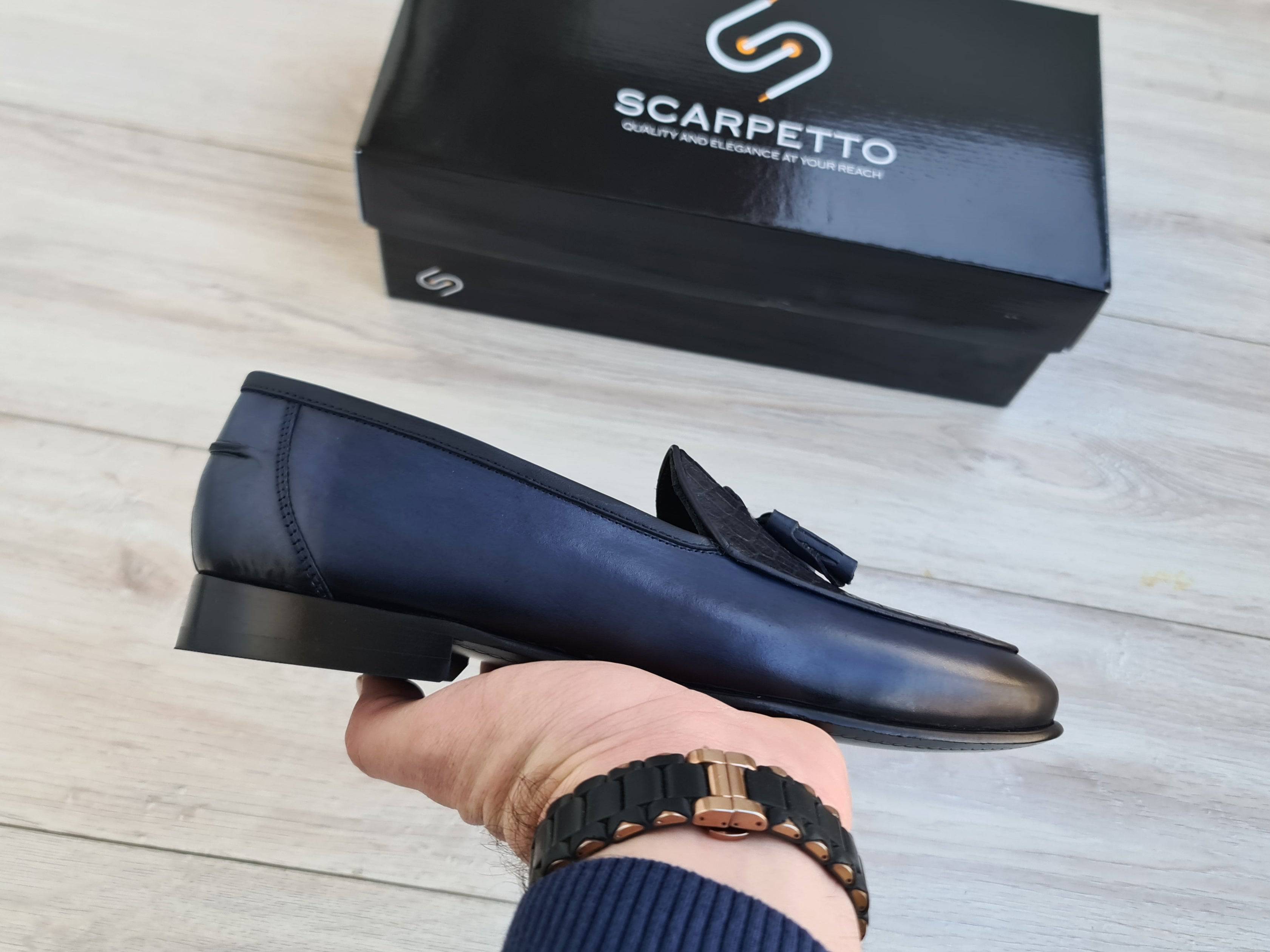Frangiato Croco Navy Men's Leather Loafer — top view | Scarpetto