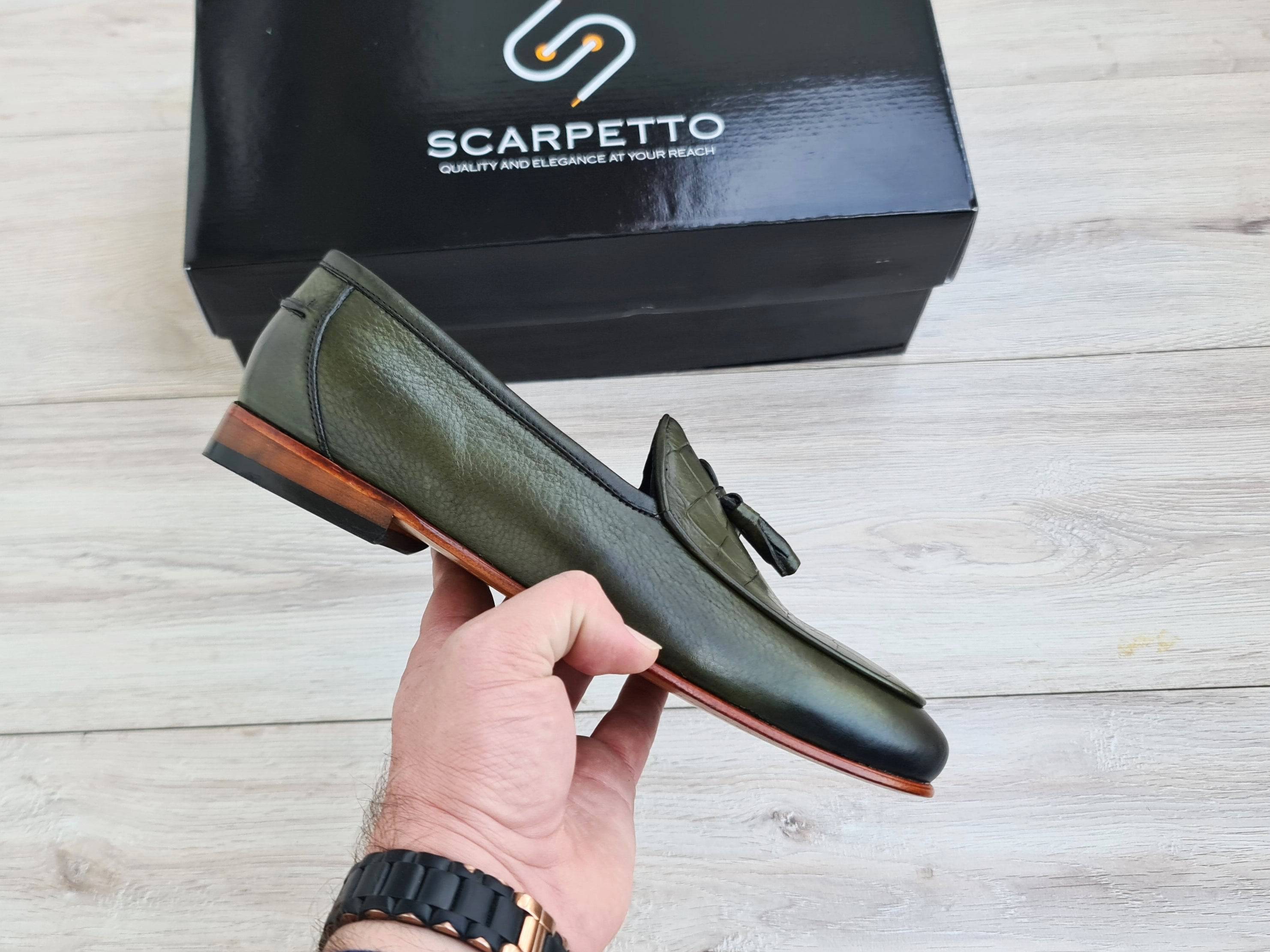 Frangiato Croco Army Green Men's Loafer — top view | Scarpetto