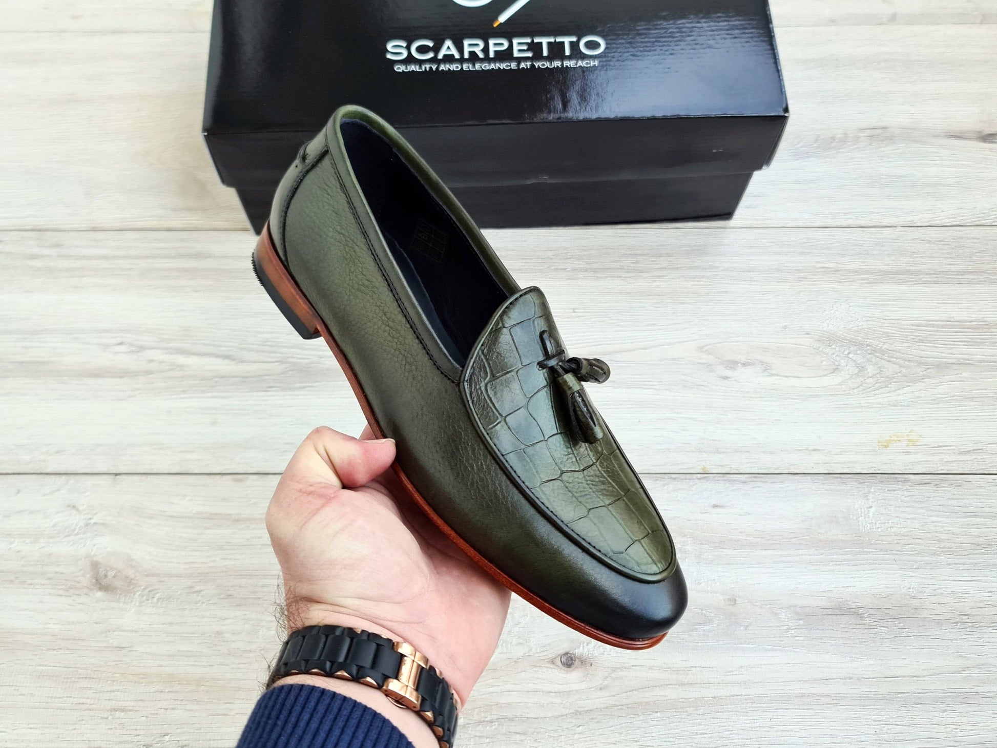 Frangiato Croco Green Men's Genuine Leather Loafers - Leather Sole - Scarpetto