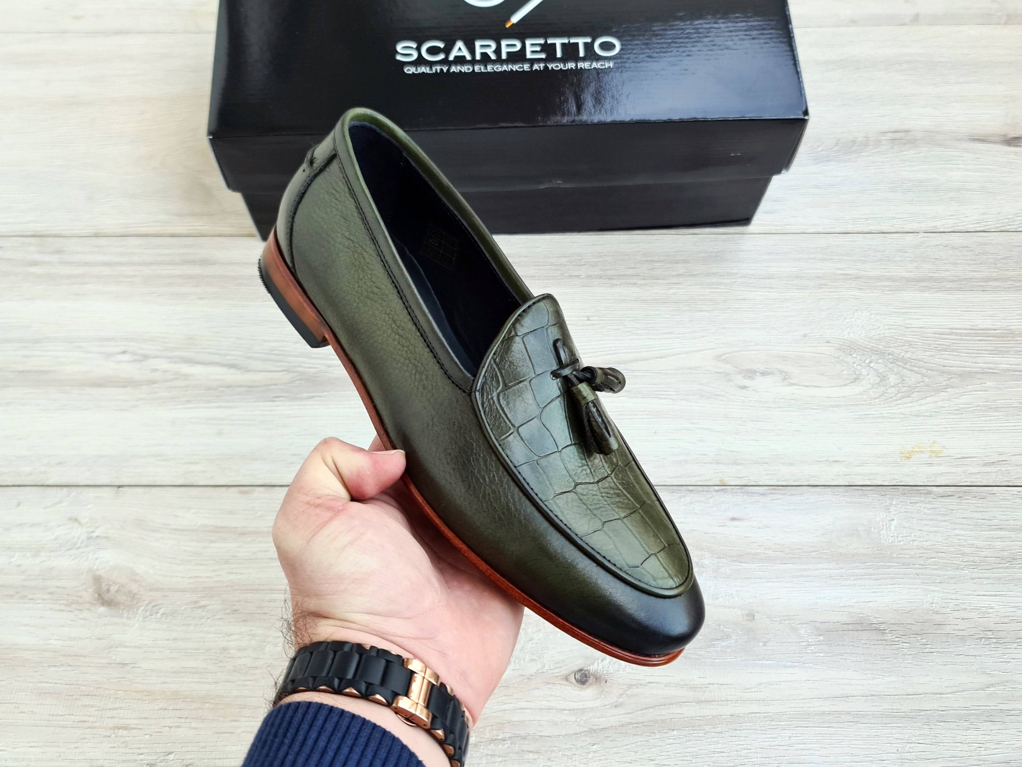 Frangiato Croco Army Green Men's Loafer — sole detail | Scarpetto