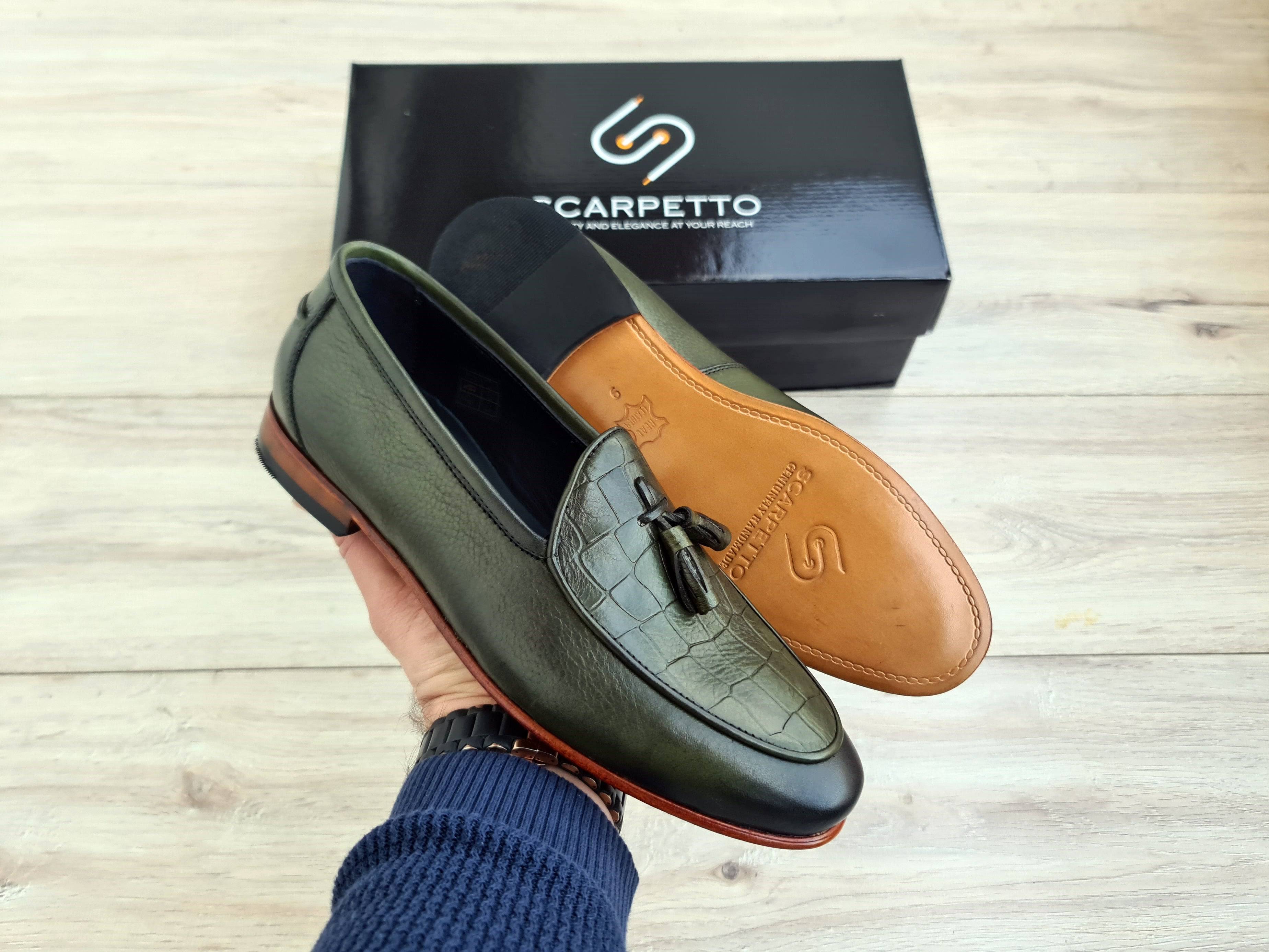 Frangiato Croco Army Green Men's Loafer — front view | Scarpetto