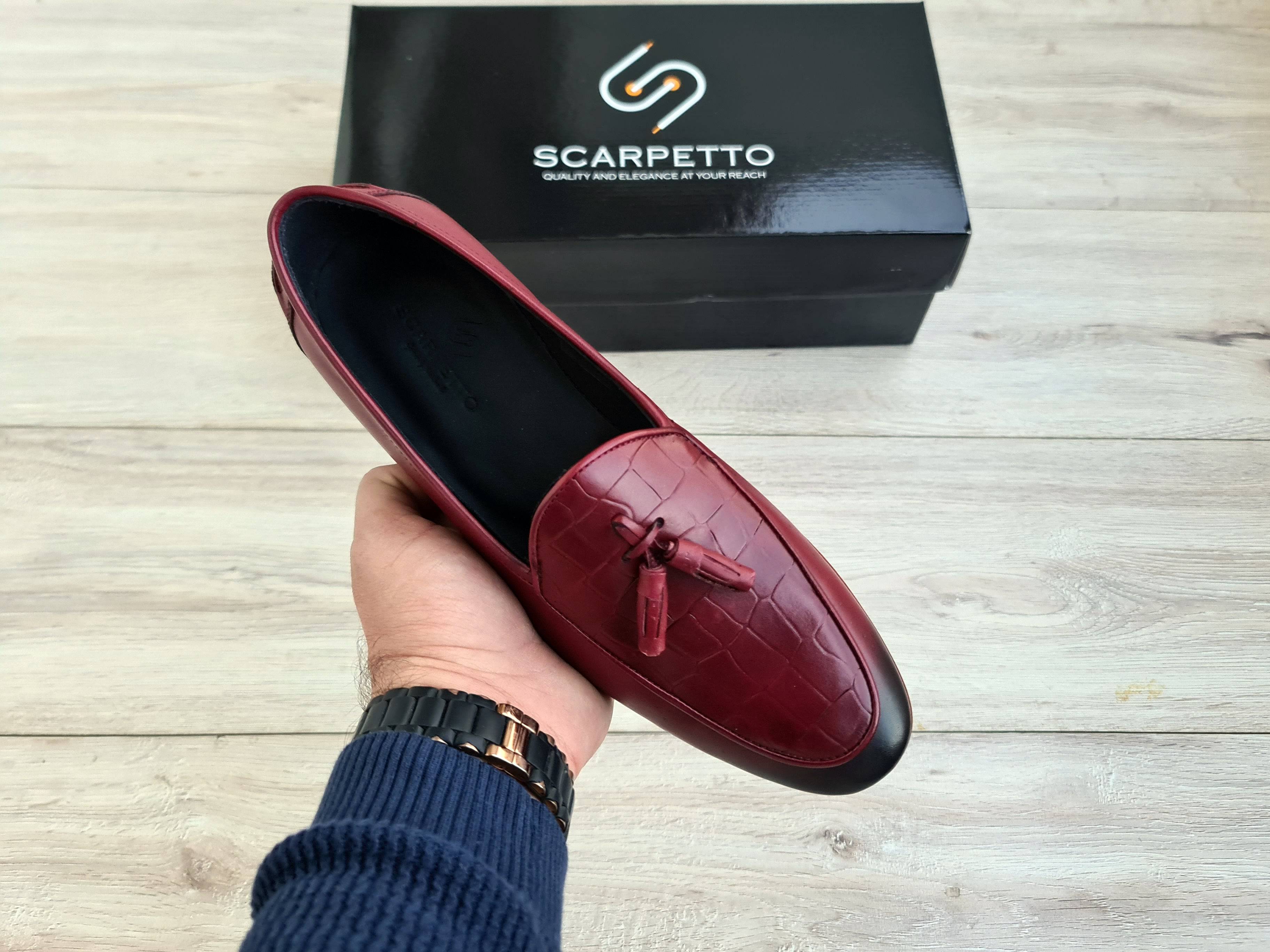 Frangiato Croco Burgundy Men's Loafer — top view | Scarpetto