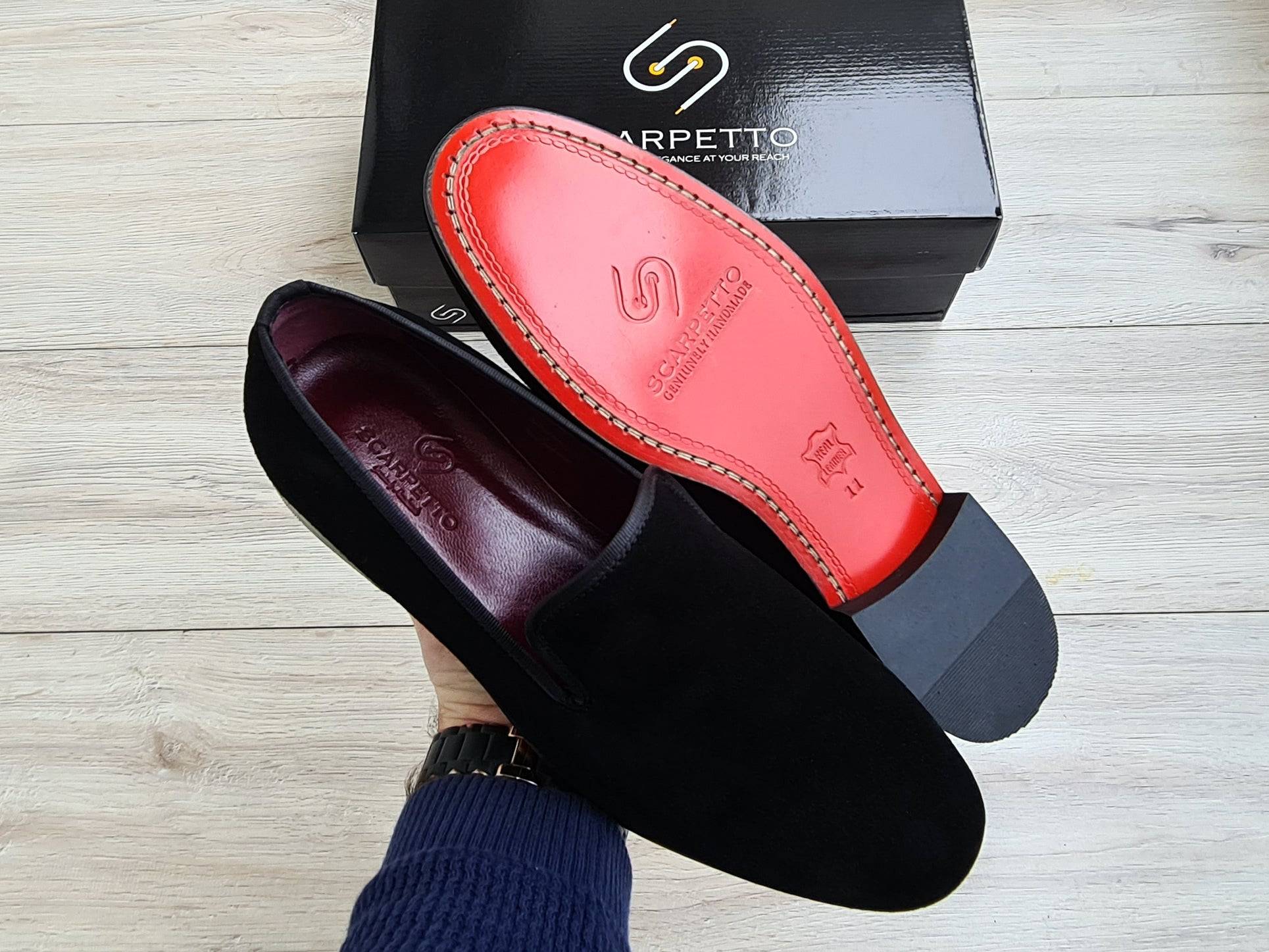 Black Men's Genuine Suede Leather Loafers - Red Leather Sole - Scarpetto