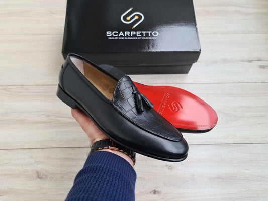 Frangiato Croco Black Red Men's Genuine Leather Loafers - Leather Sole - Scarpetto