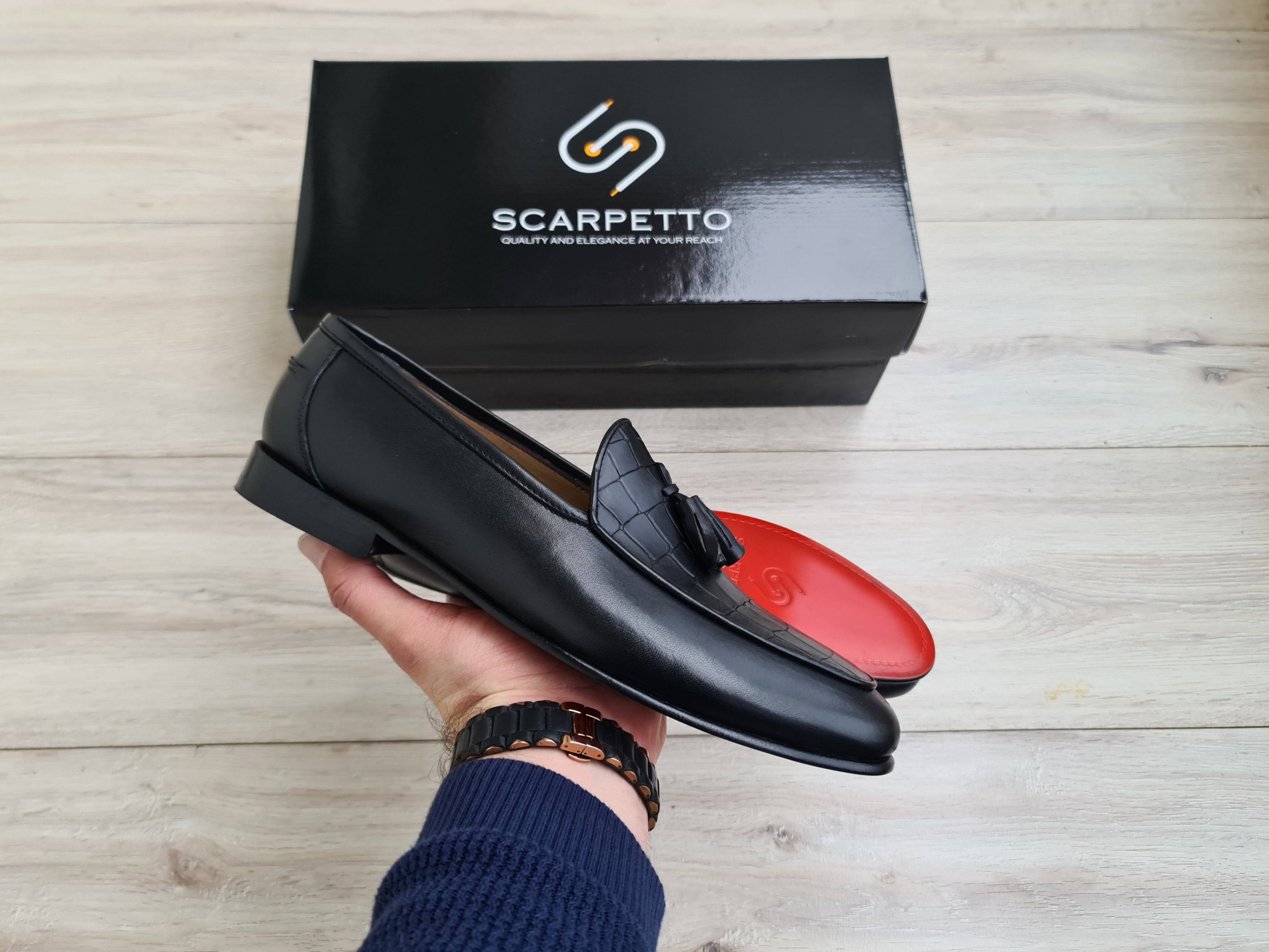 Frangiato Croco Black Red Sole Men's Loafer — three-quarter view | Scarpetto