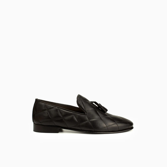 Premium Quilted Leather Tassel Loafers in Black