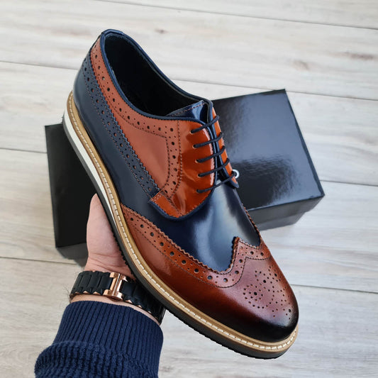 Vestito Brown-Navy Men's Wingtip Leather Derby Dress Shoes