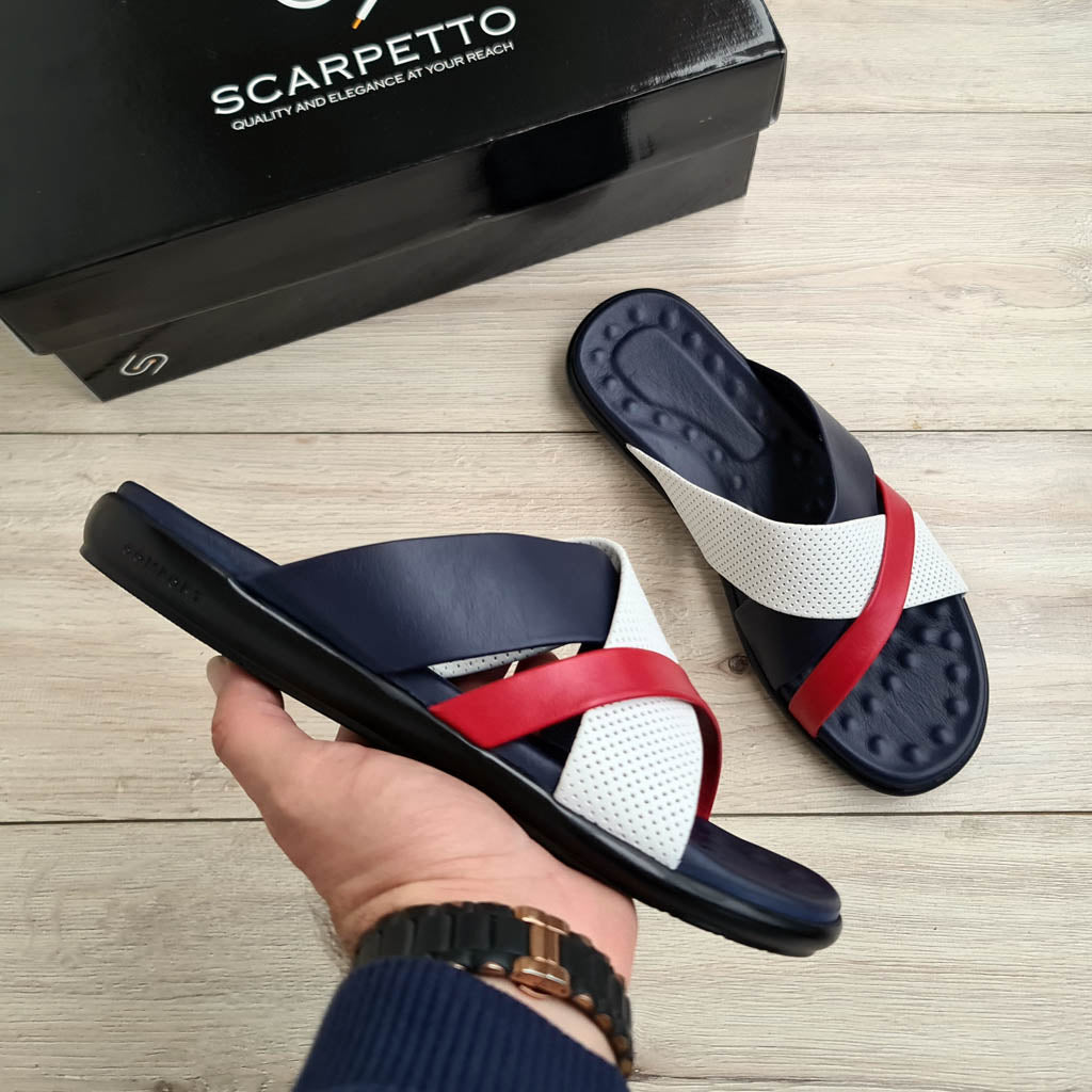 Premium Leather Men's Sandal in Navy/White