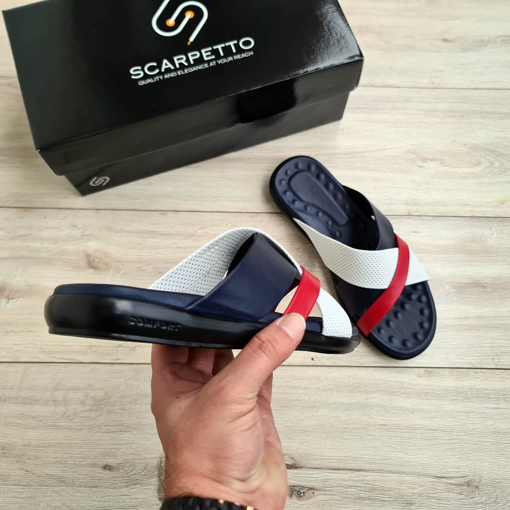 Premium Leather Men's Sandal in Navy/White