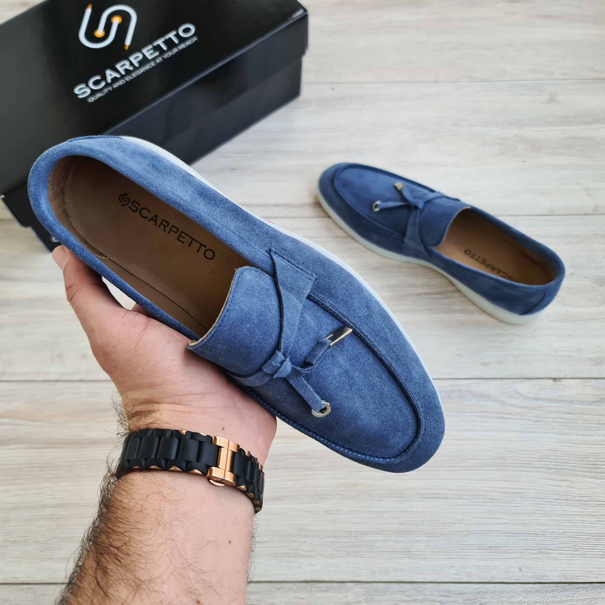 Flecos Tassel Blue Suede Men's Yacht Loafer — side view | Scarpetto