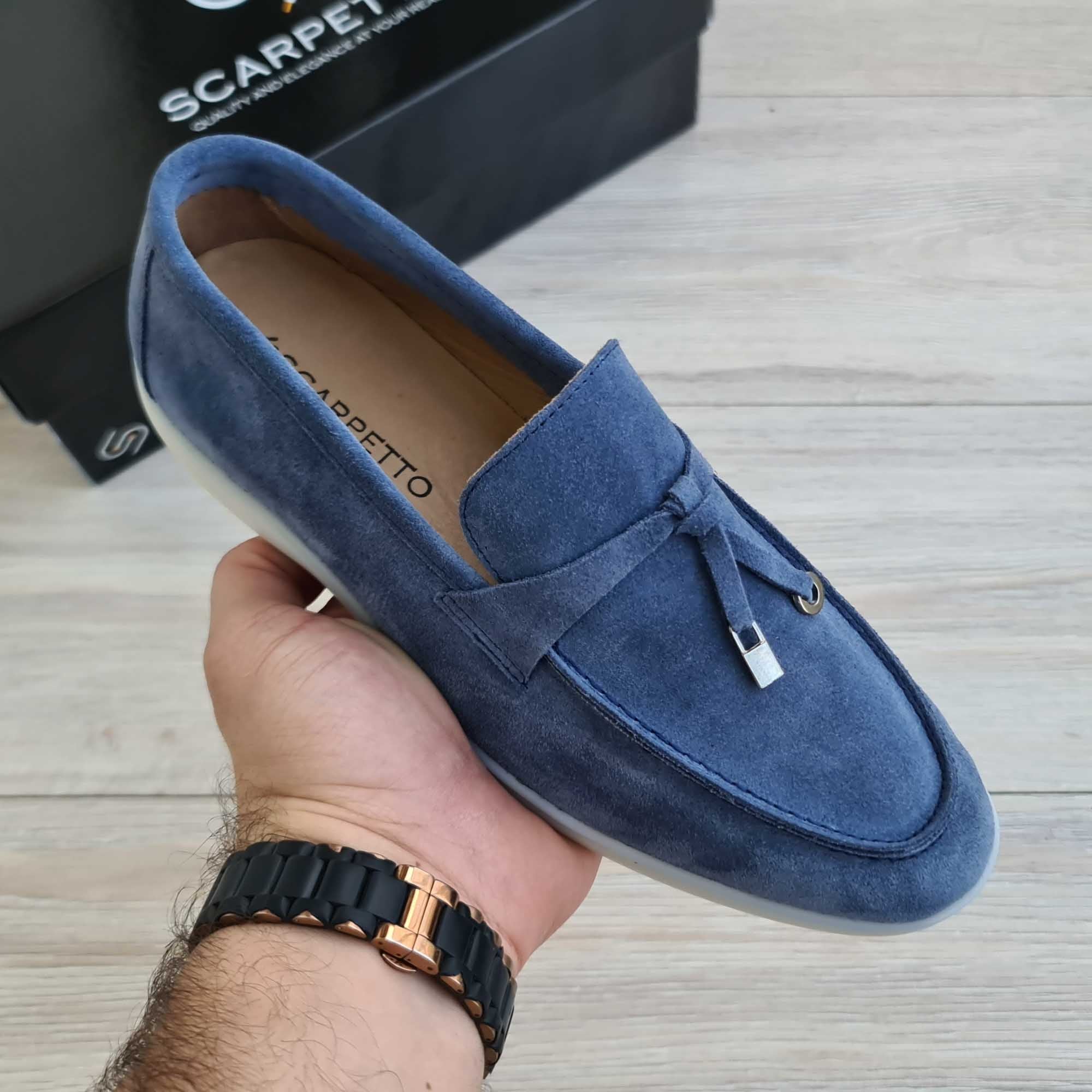 Flecos Tassel Blue Suede Men's Yacht Loafer — front view | Scarpetto