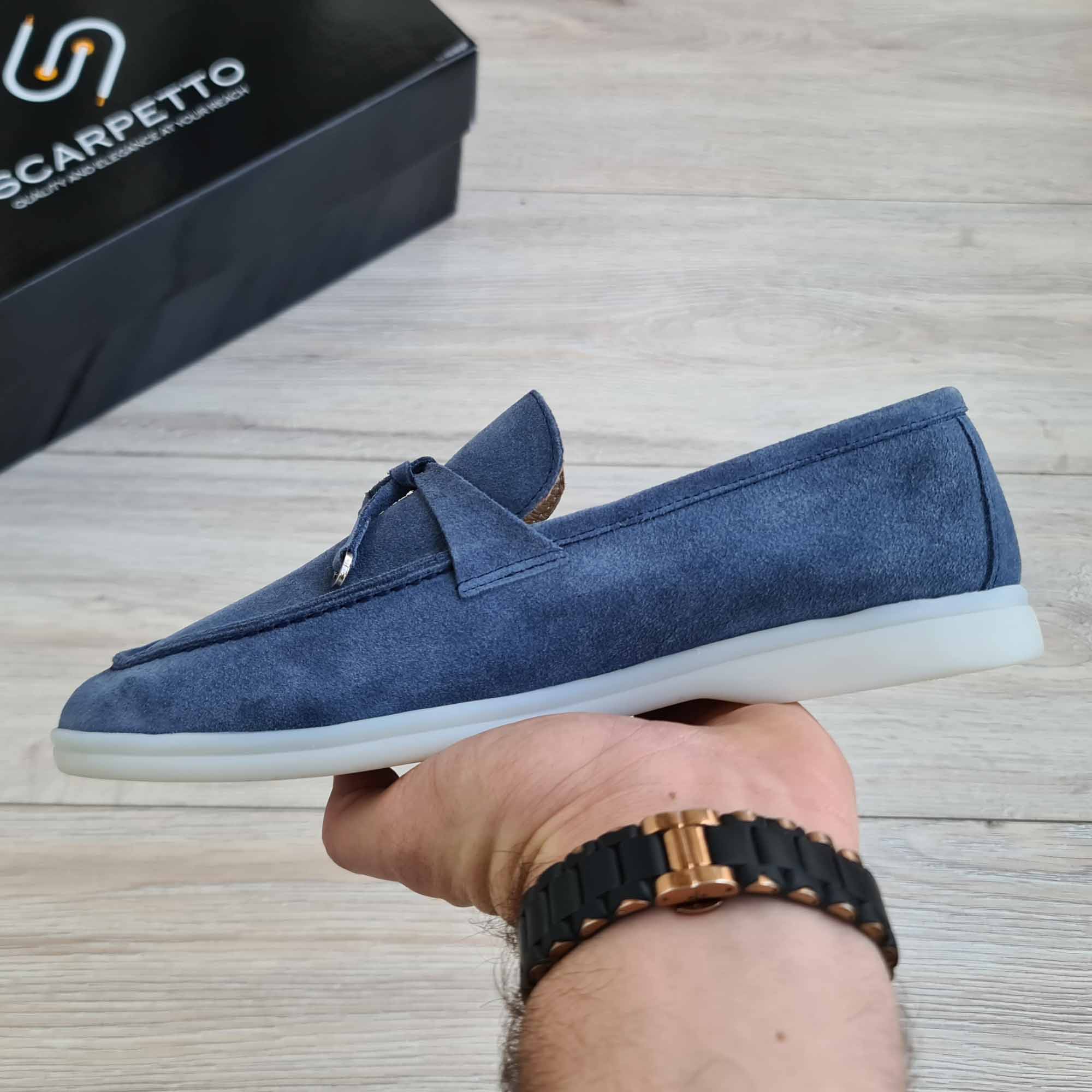 Flecos Tassel Blue Suede Men's Yacht Loafer — three-quarter view | Scarpetto