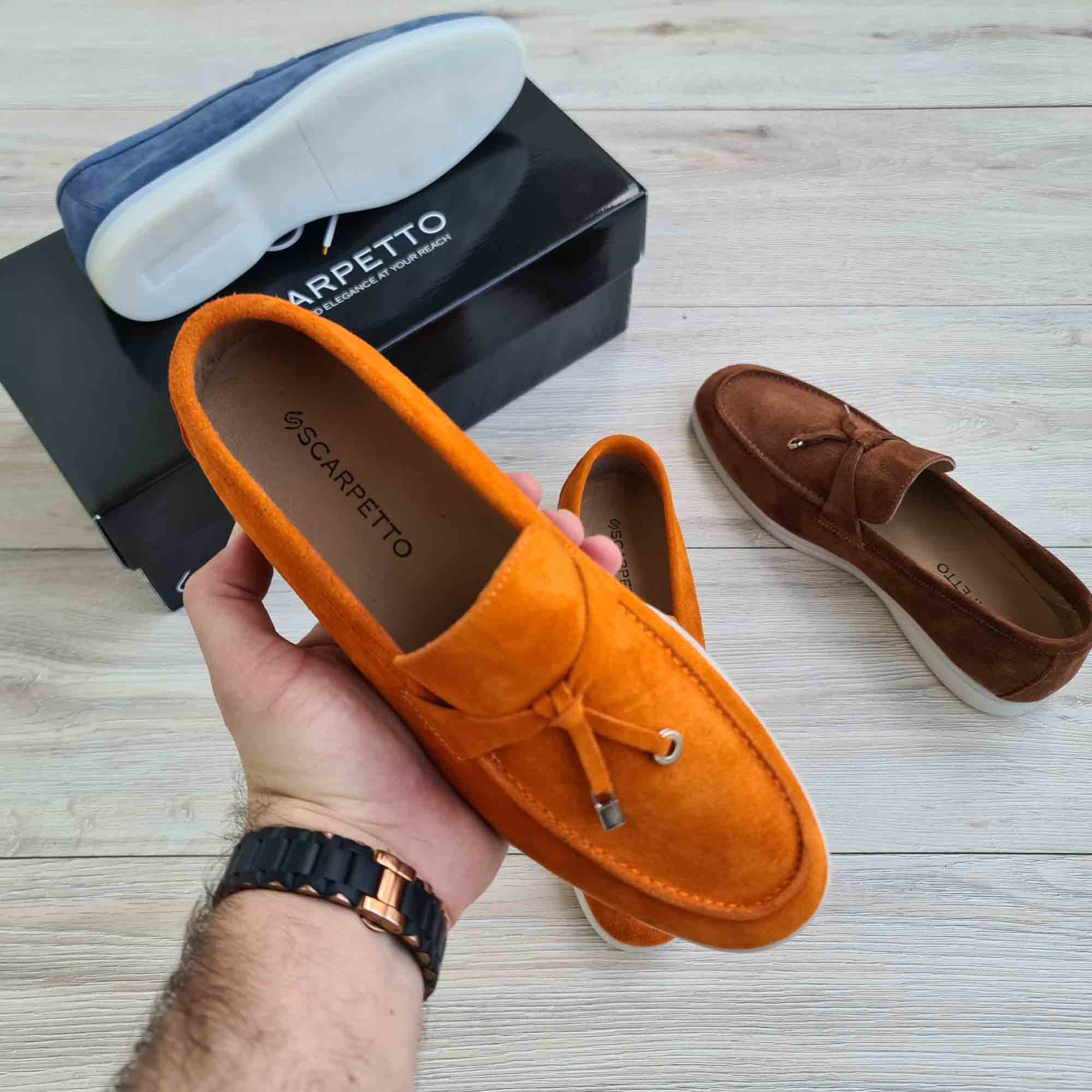 Flecos Tassel Orange Suede Men's Loafer — front view | Scarpetto