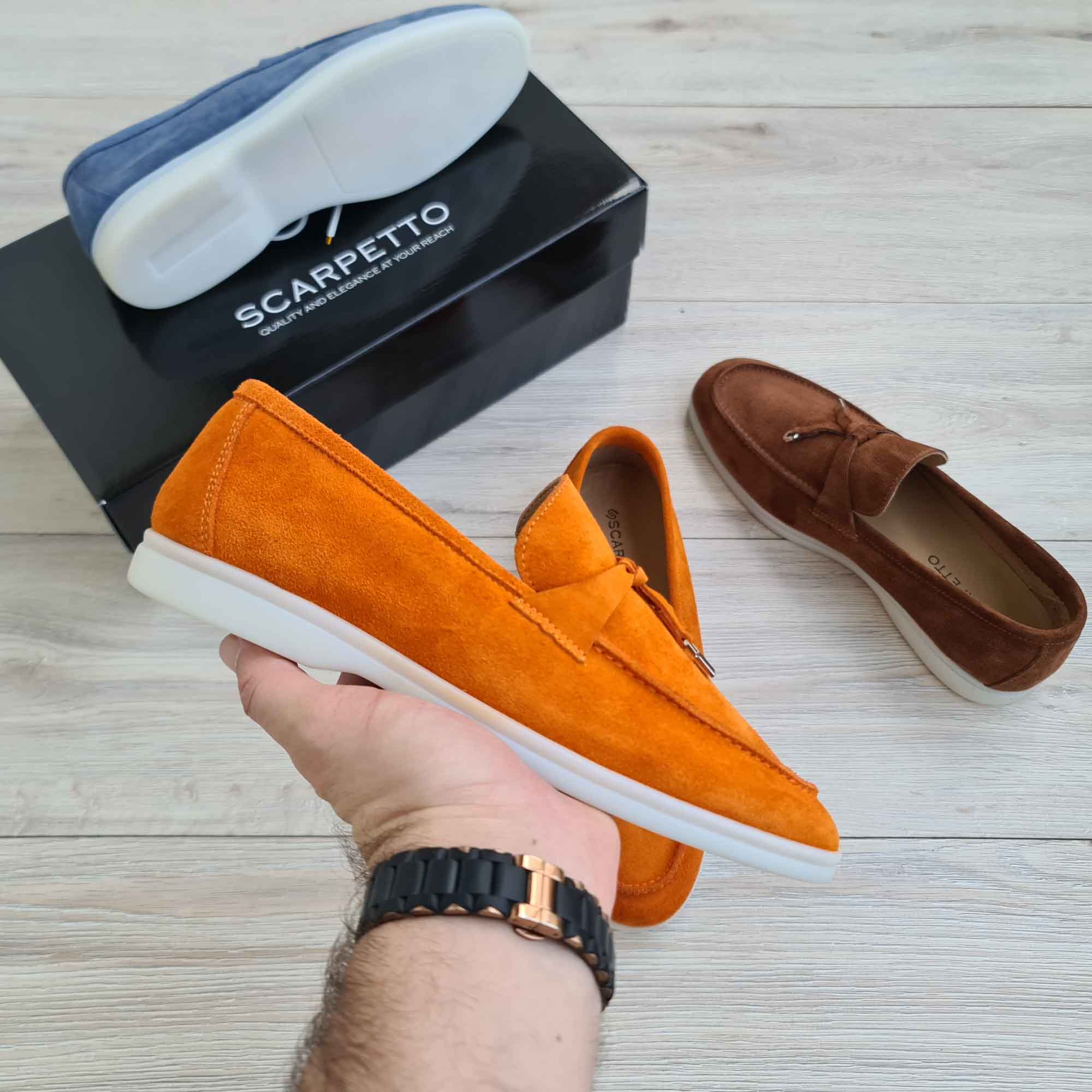 Flecos Tassel Orange Suede Men's Loafer — side view | Scarpetto