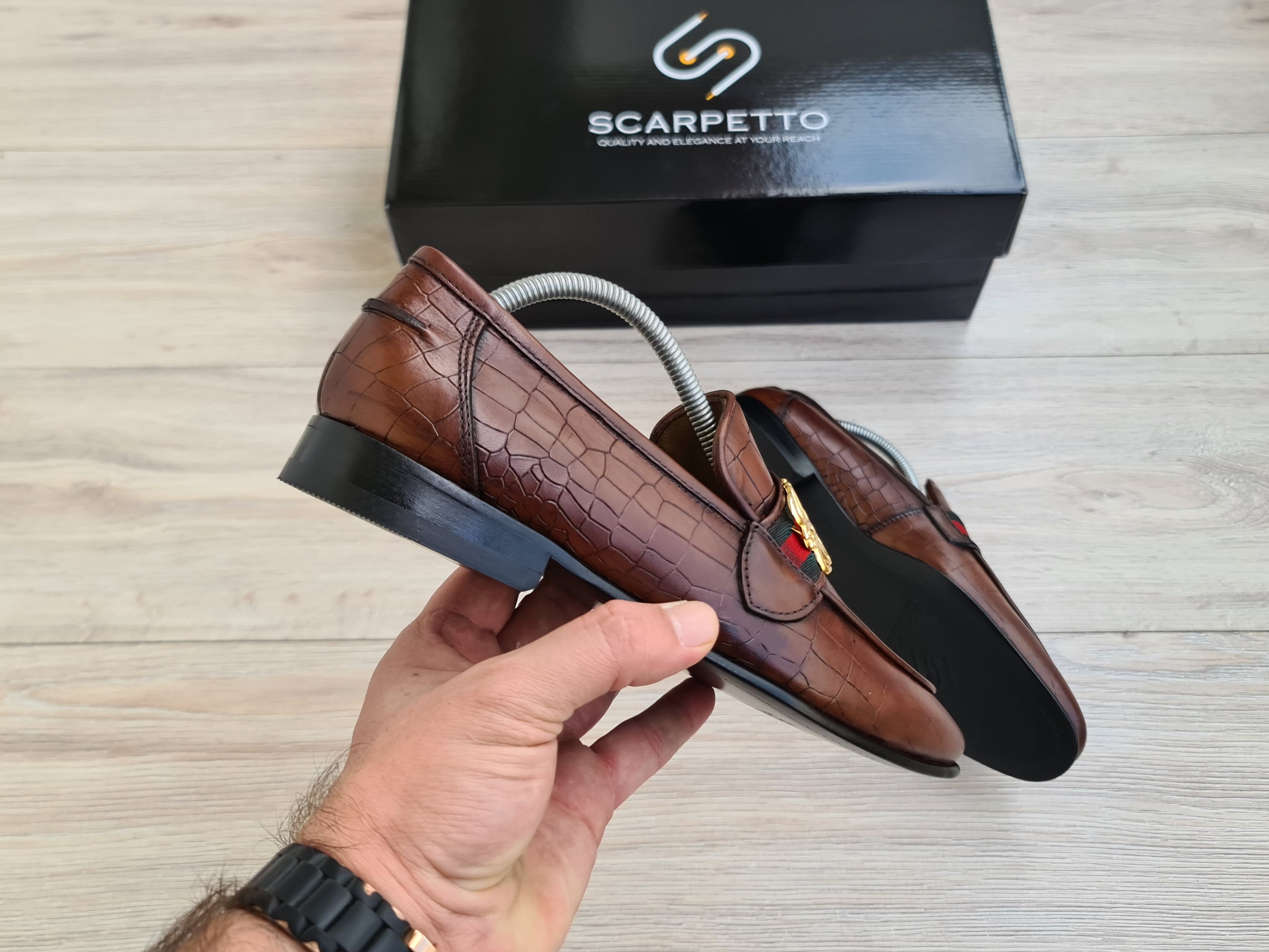 Fiore Croco-Embossed Leather Men's Loafer — top view | Scarpetto
