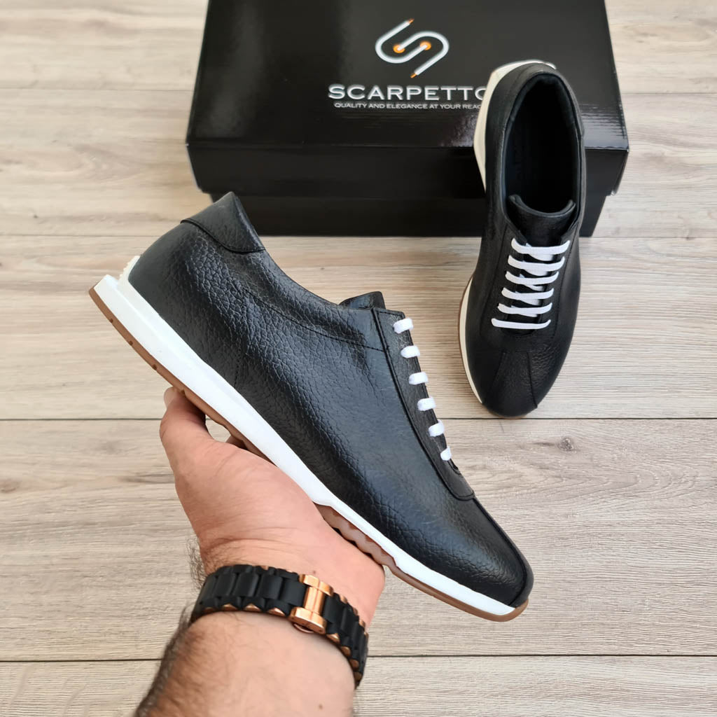 Charcoal Floater Grain Men's Leather Sneaker — side view | Scarpetto