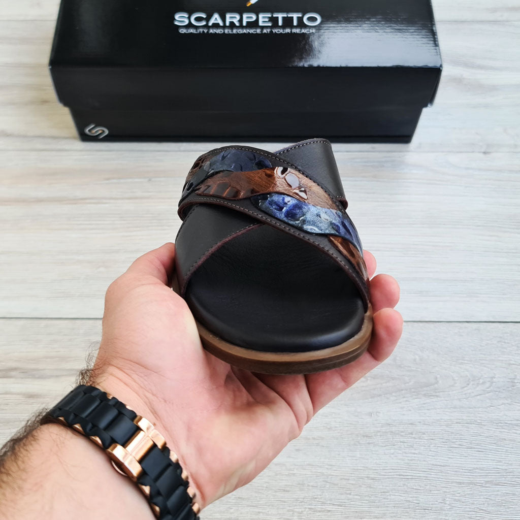 Estate Marrone Croco Leather Men's Sandal — top view | Scarpetto