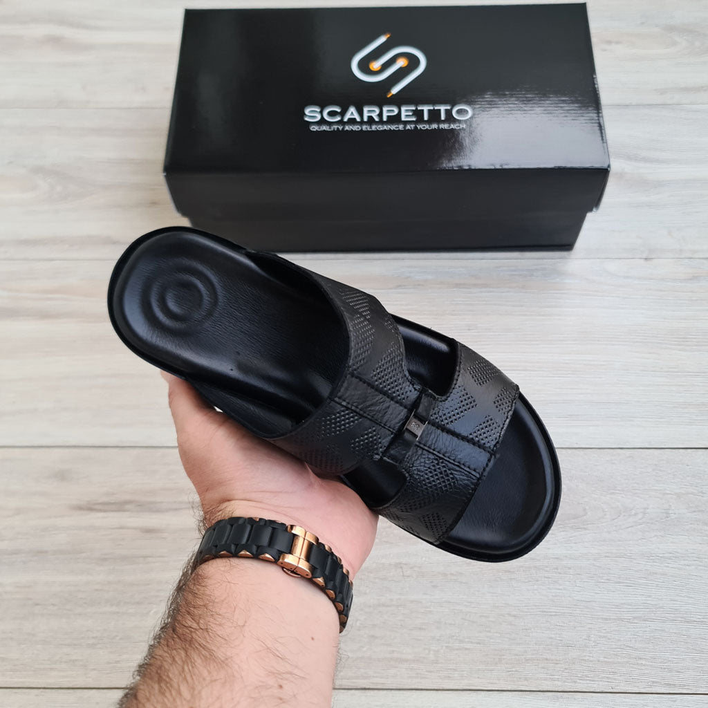 Estate Nero Black Leather Men's Slide Sandal — three-quarter view | Scarpetto