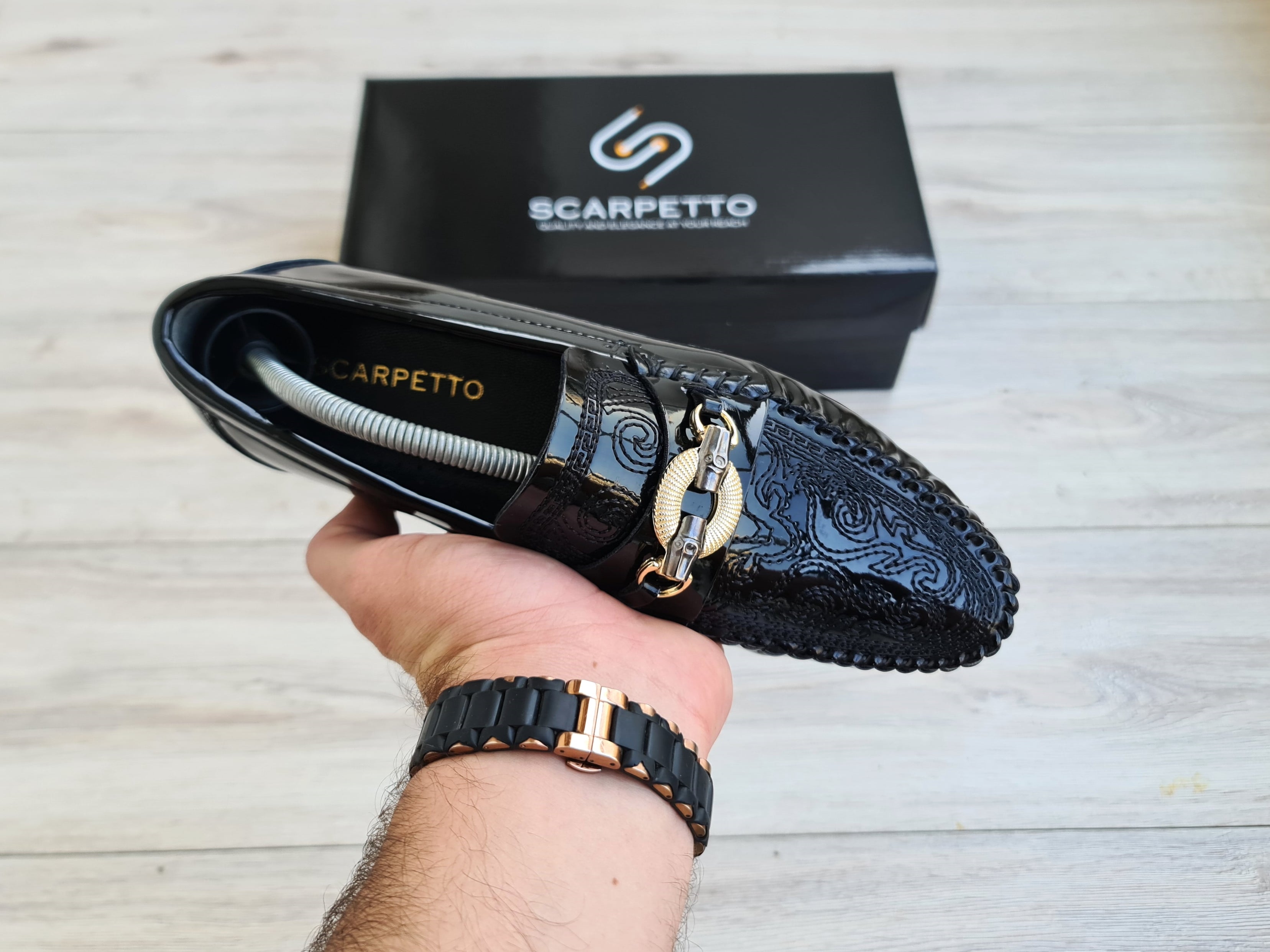 Ricamo Embroidered Patent Men's Loafer — three-quarter view | Scarpetto