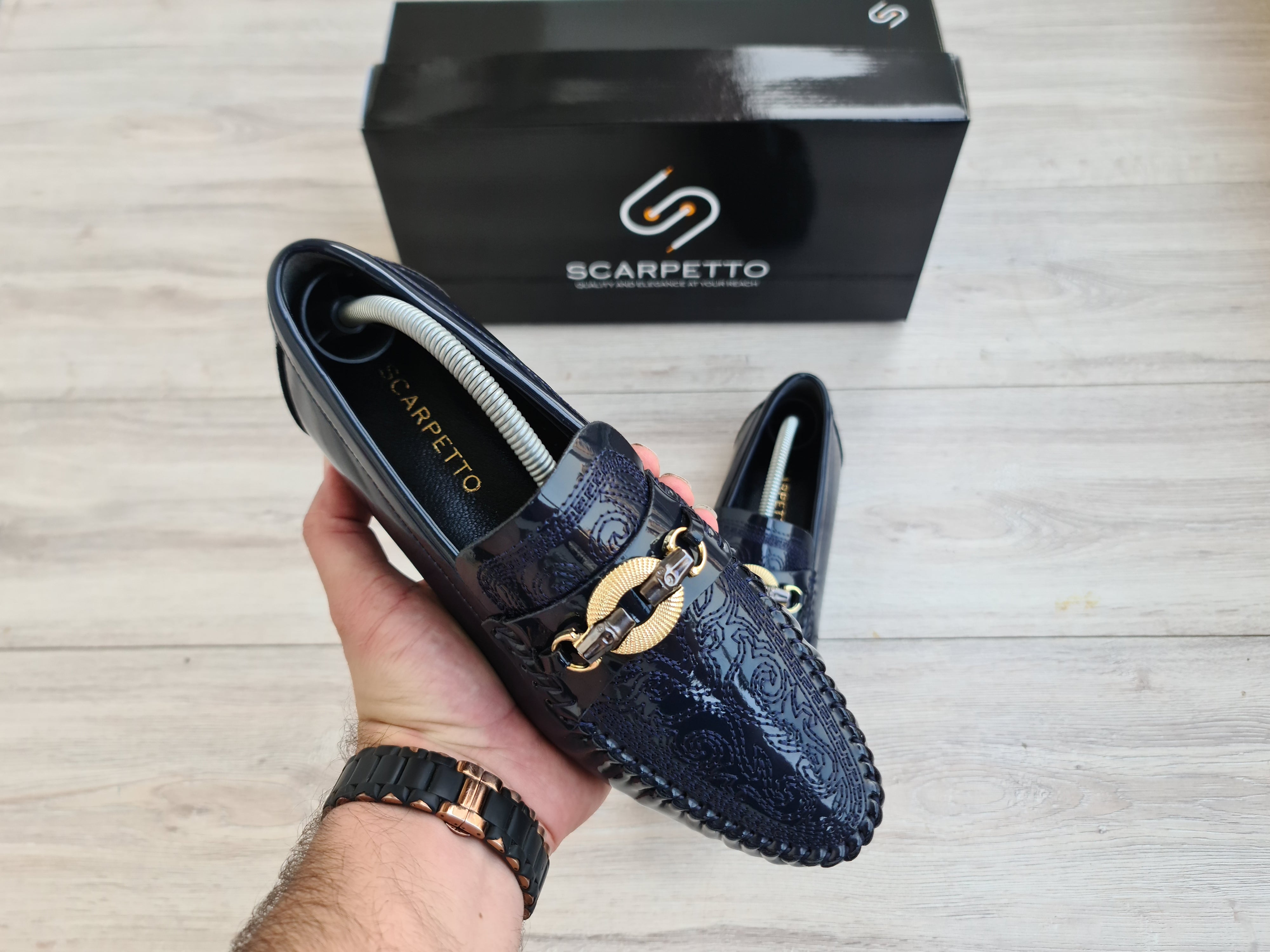 Ricamo Embroidered Patent Men's Loafer — front view | Scarpetto