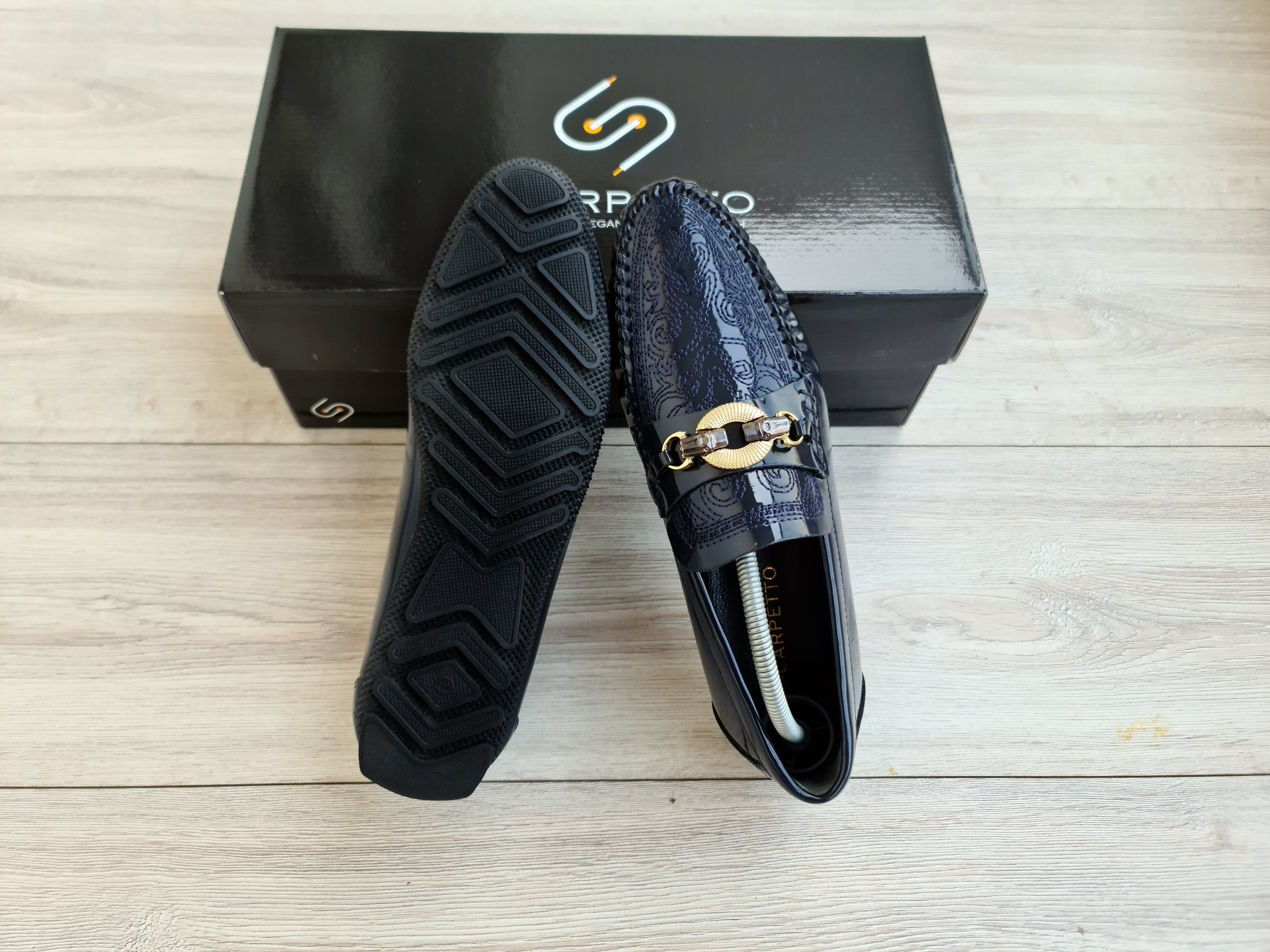 Ricamo Embroidered Patent Men's Loafer — top view | Scarpetto