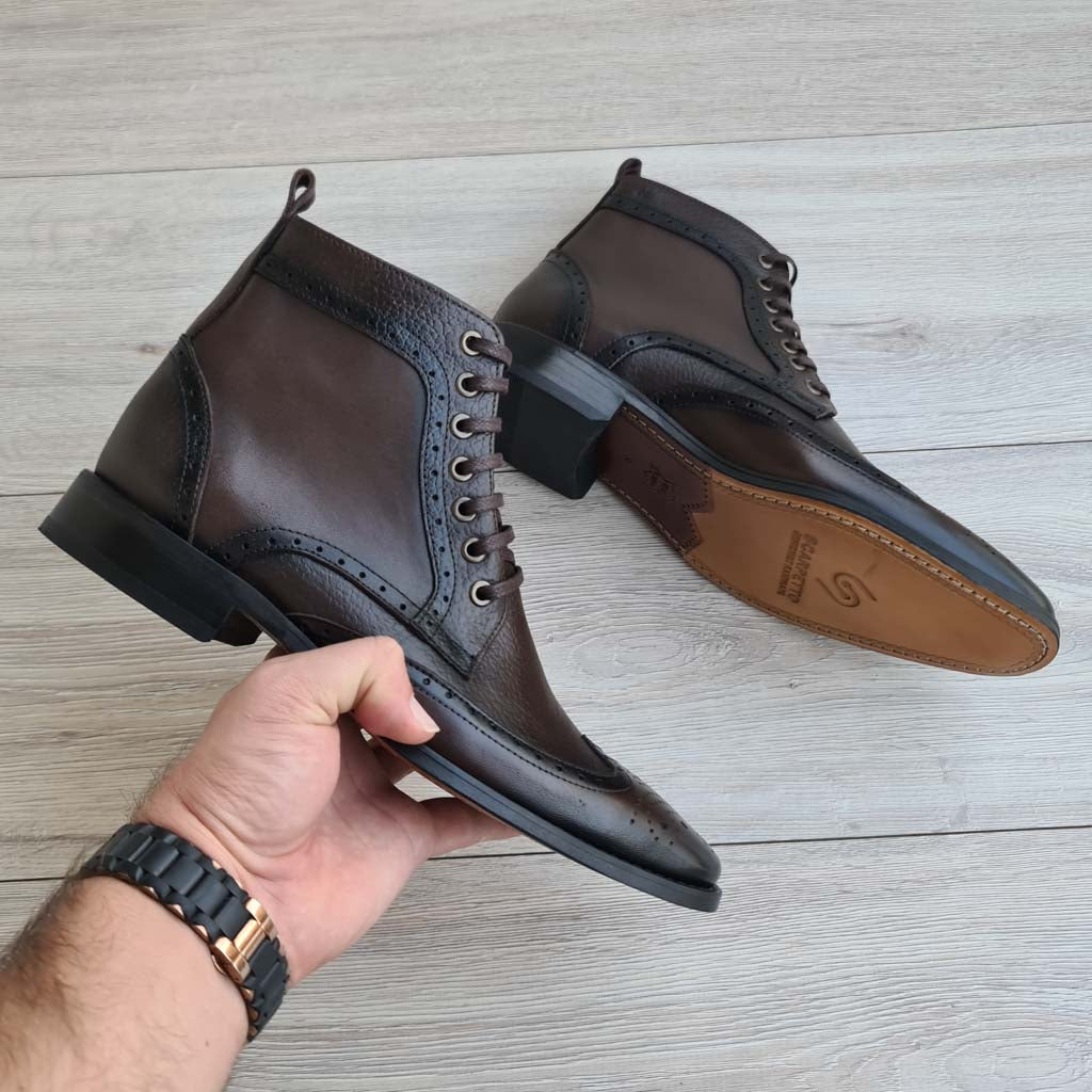 Fabio Wingtip Full-Grain Leather Men's Boots — three-quarter view | Scarpetto
