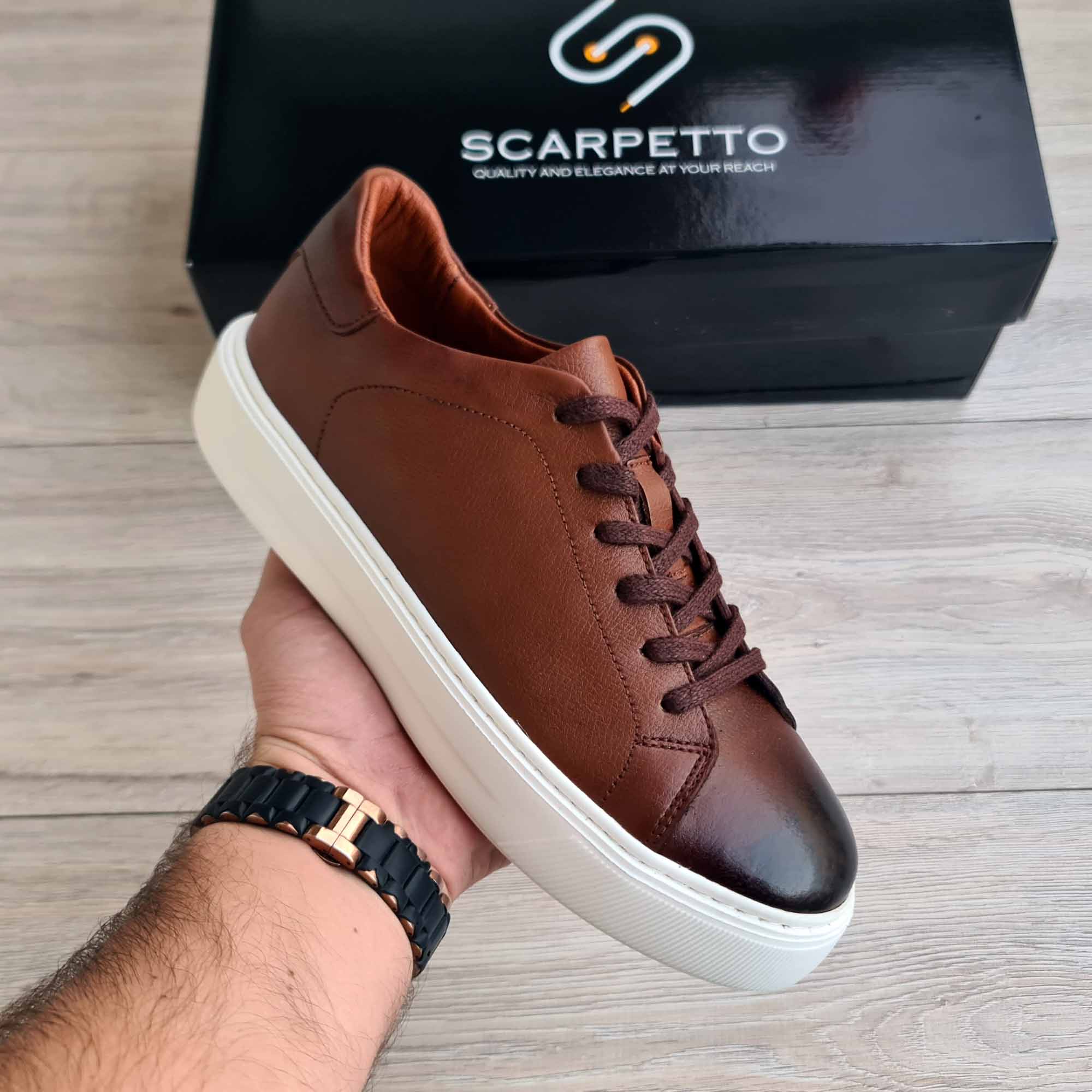 Sorrento Floater Leather Men's Sneaker in Maple — front view | Scarpetto