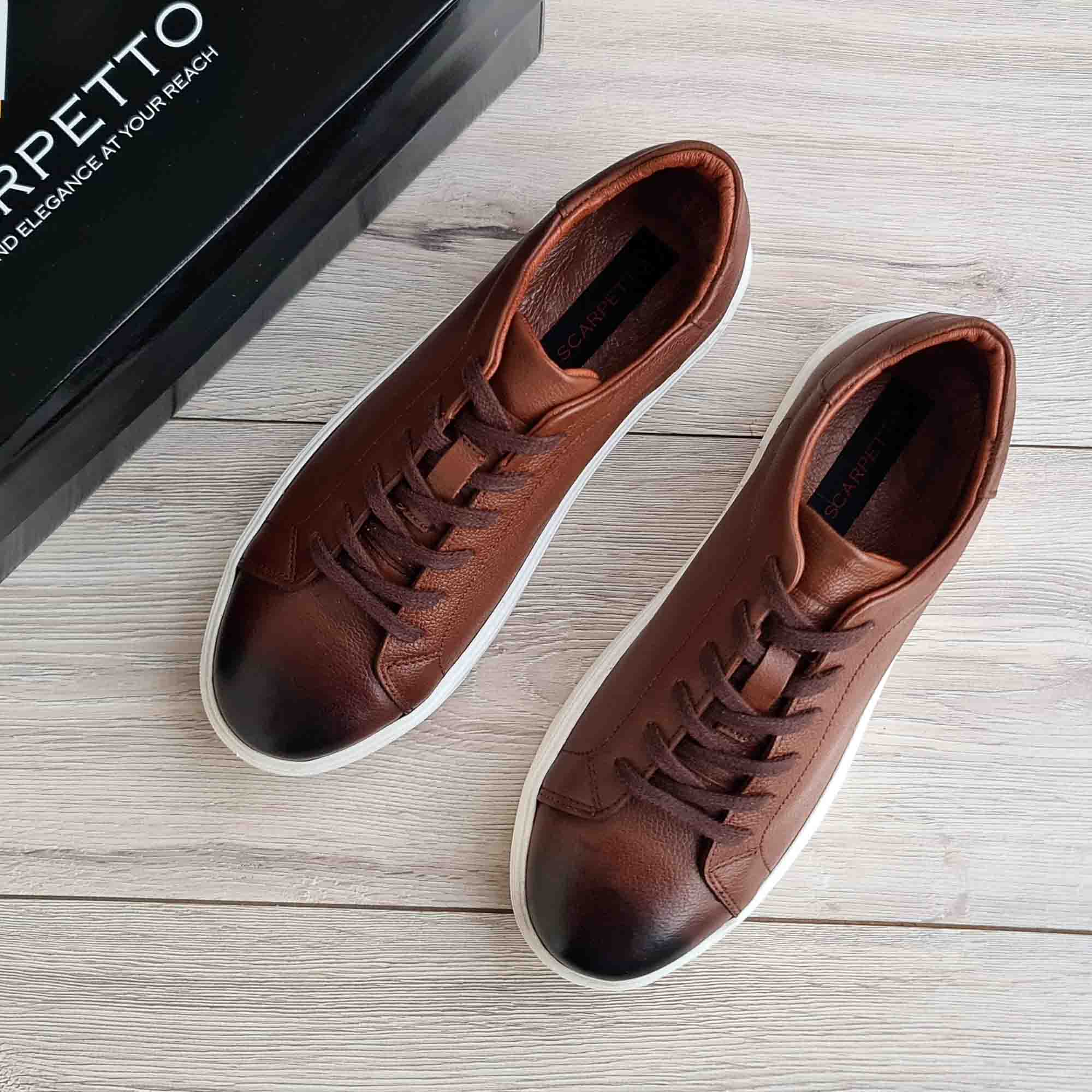 Sorrento Floater Leather Men's Sneaker in Maple — top view | Scarpetto