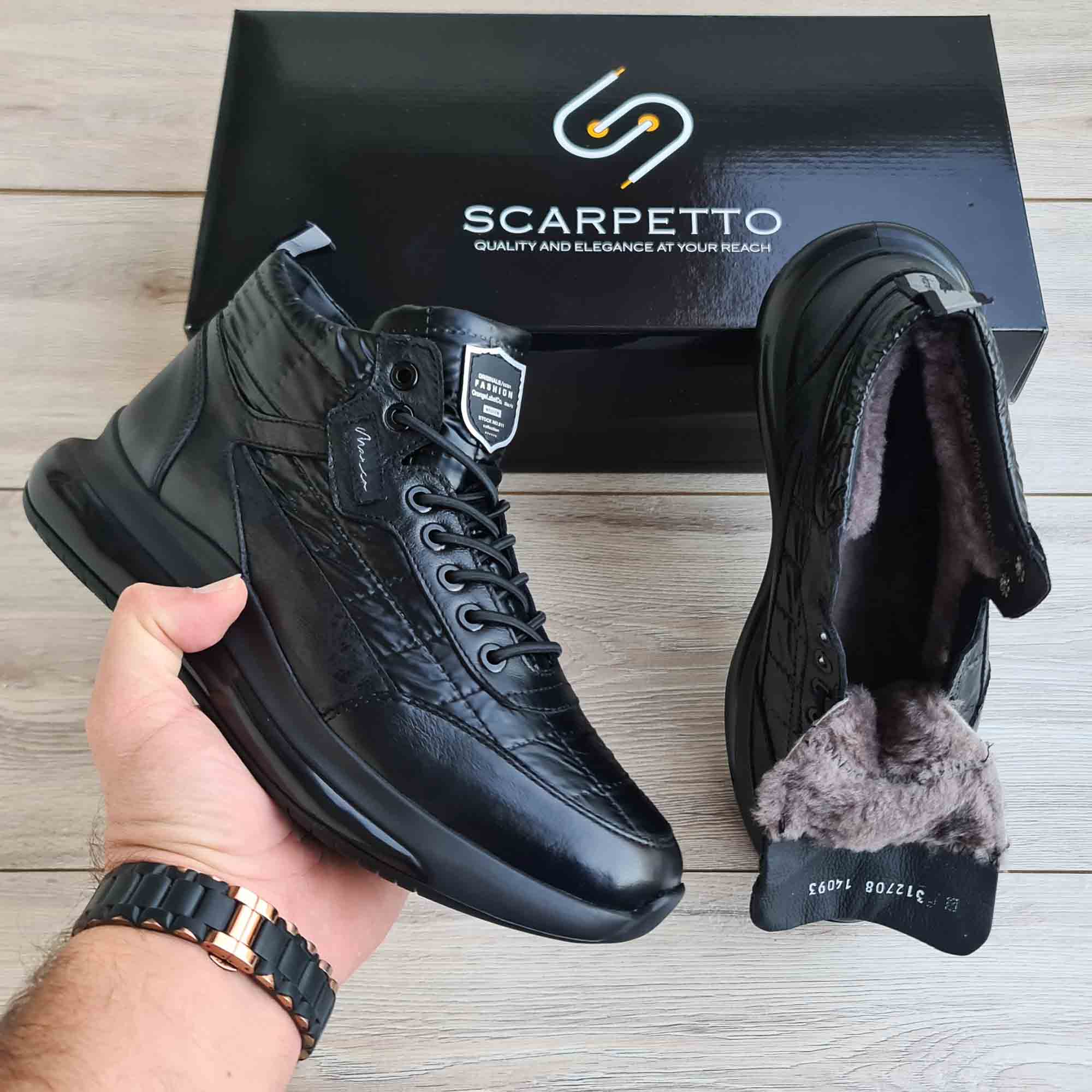 Activo Fur-Lined Black Leather Sneaker — front view | Scarpetto
