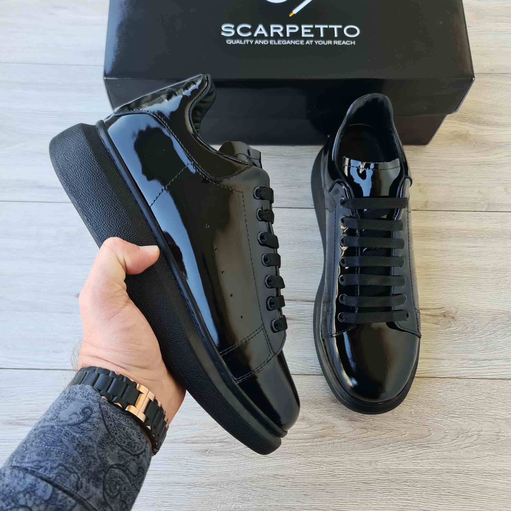 Lift Patent Black Platform Sneakers for Men — front view | Scarpetto