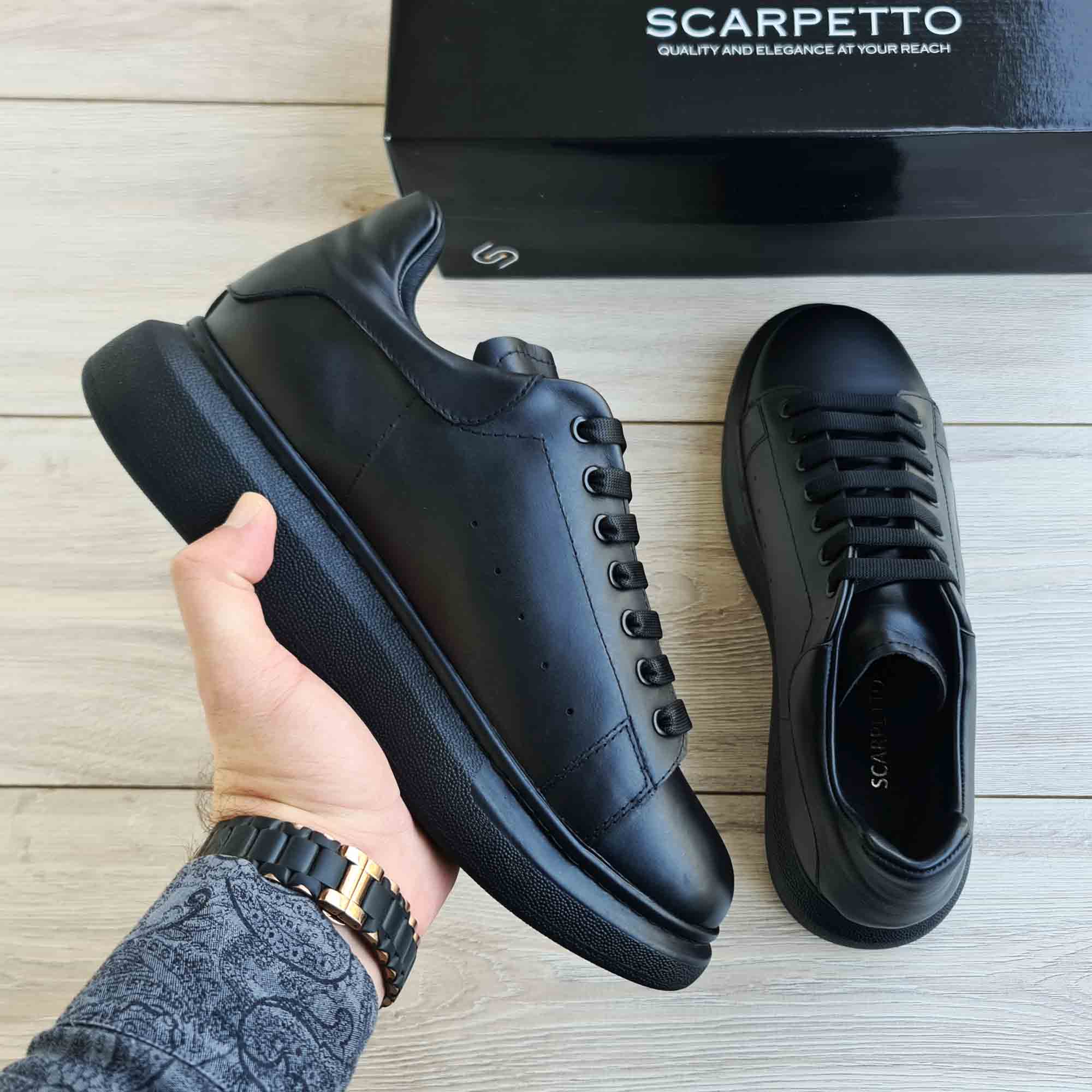 Lift Matte All-Black Platform Leather Sneaker — front view | Scarpetto