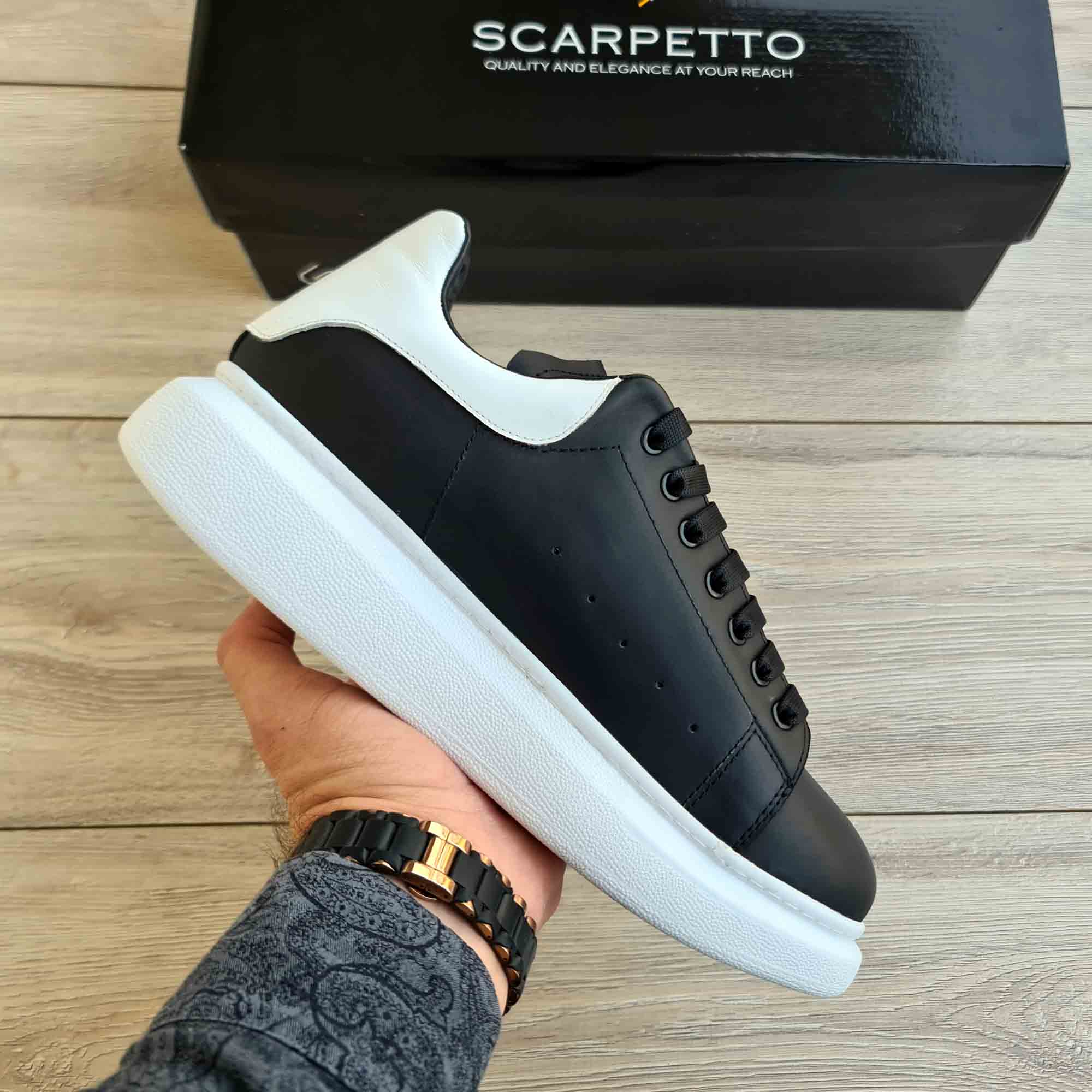 Lift Split Black White Platform Leather Sneaker — front view | Scarpetto