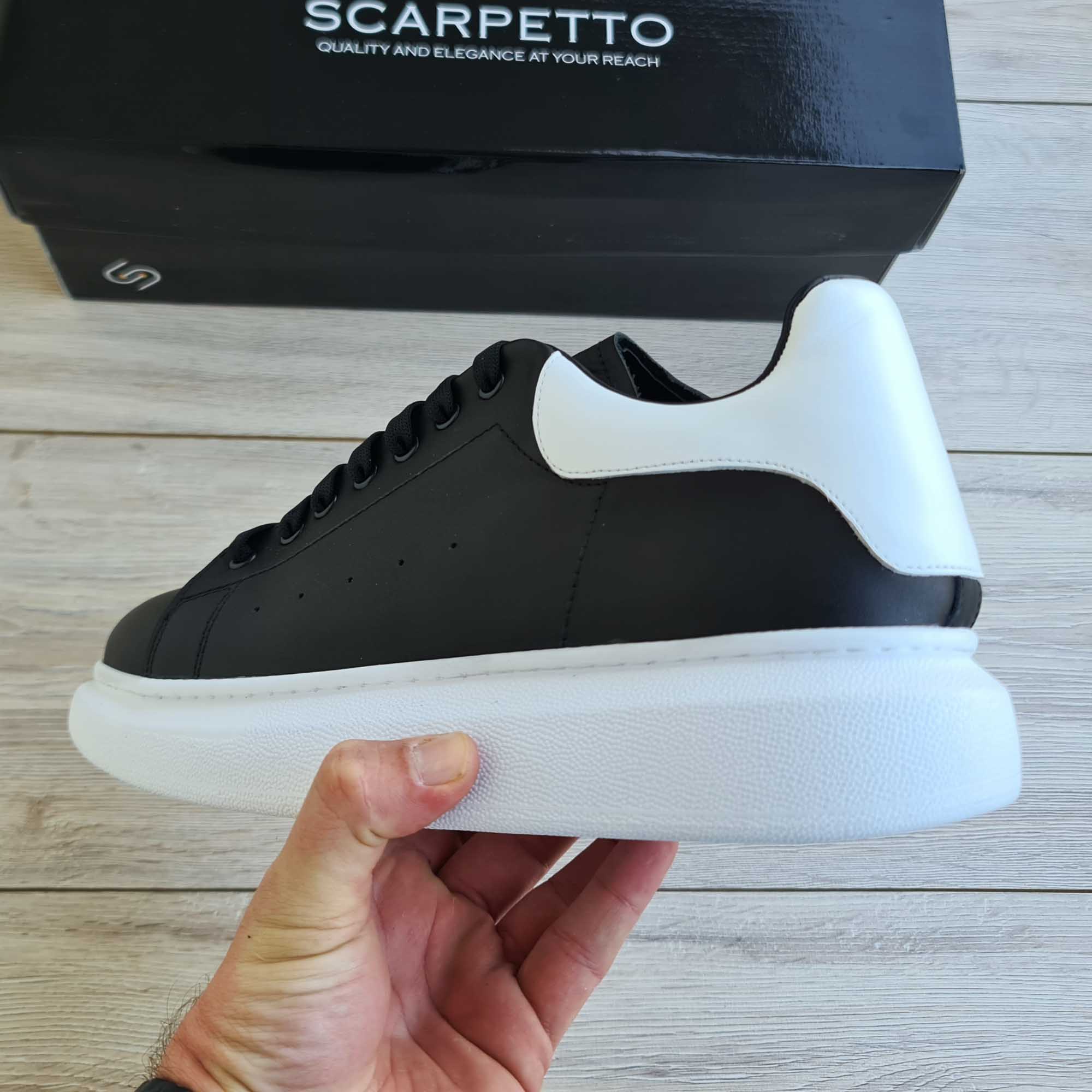 Lift Split Black White Platform Leather Sneaker — side view | Scarpetto