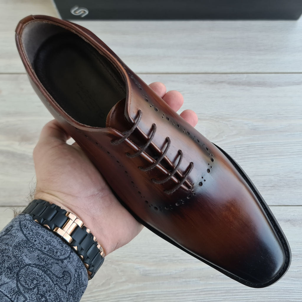 Patina Wholecut Oxford Brogue Men's Shoe — three-quarter view | Scarpetto