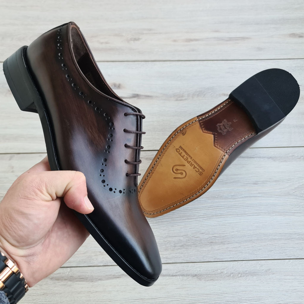 Patina Wholecut Chocolate Oxford for Men — top view | Scarpetto