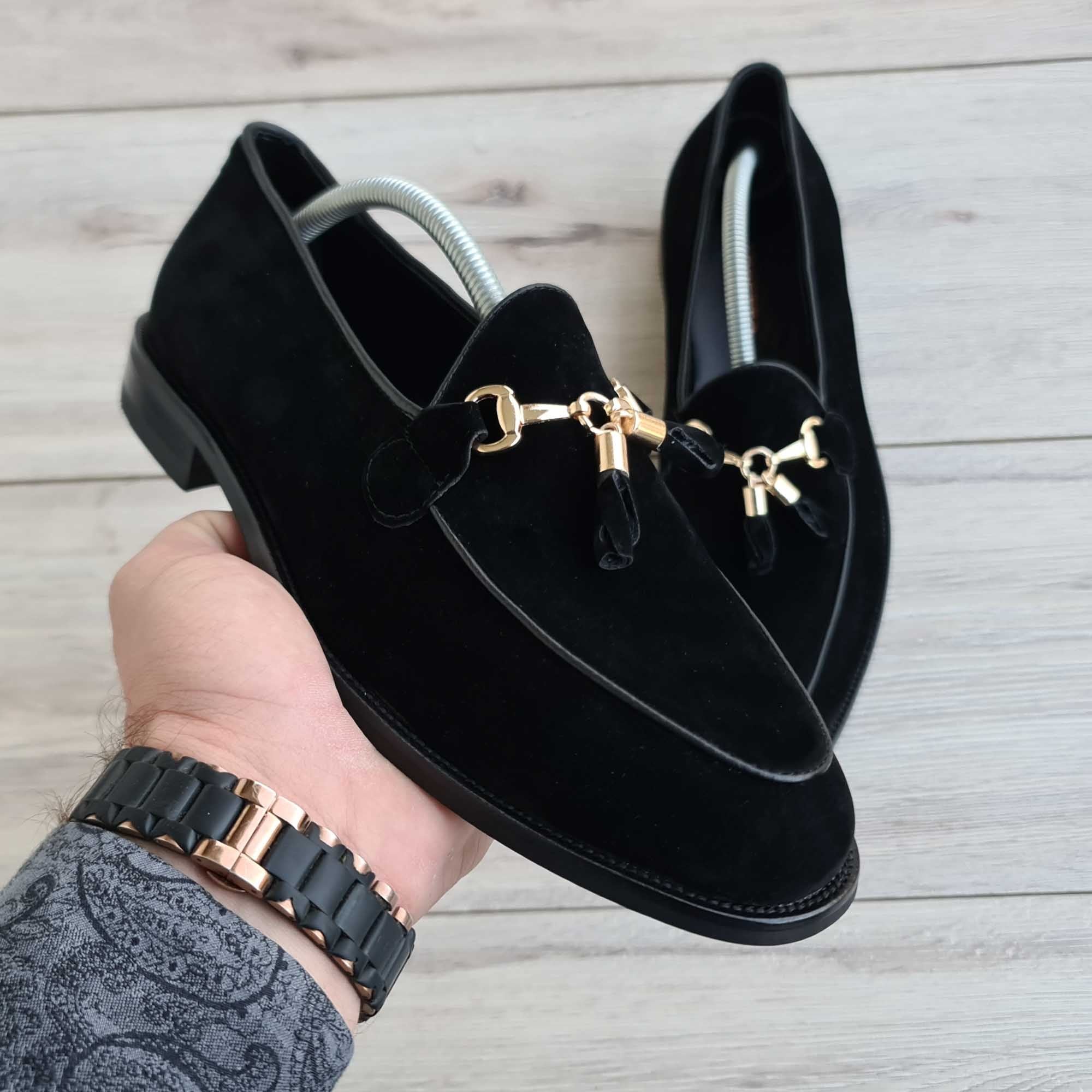 Ambrosio Black Suede Tassel Horsebit Loafer — top view | Scarpetto