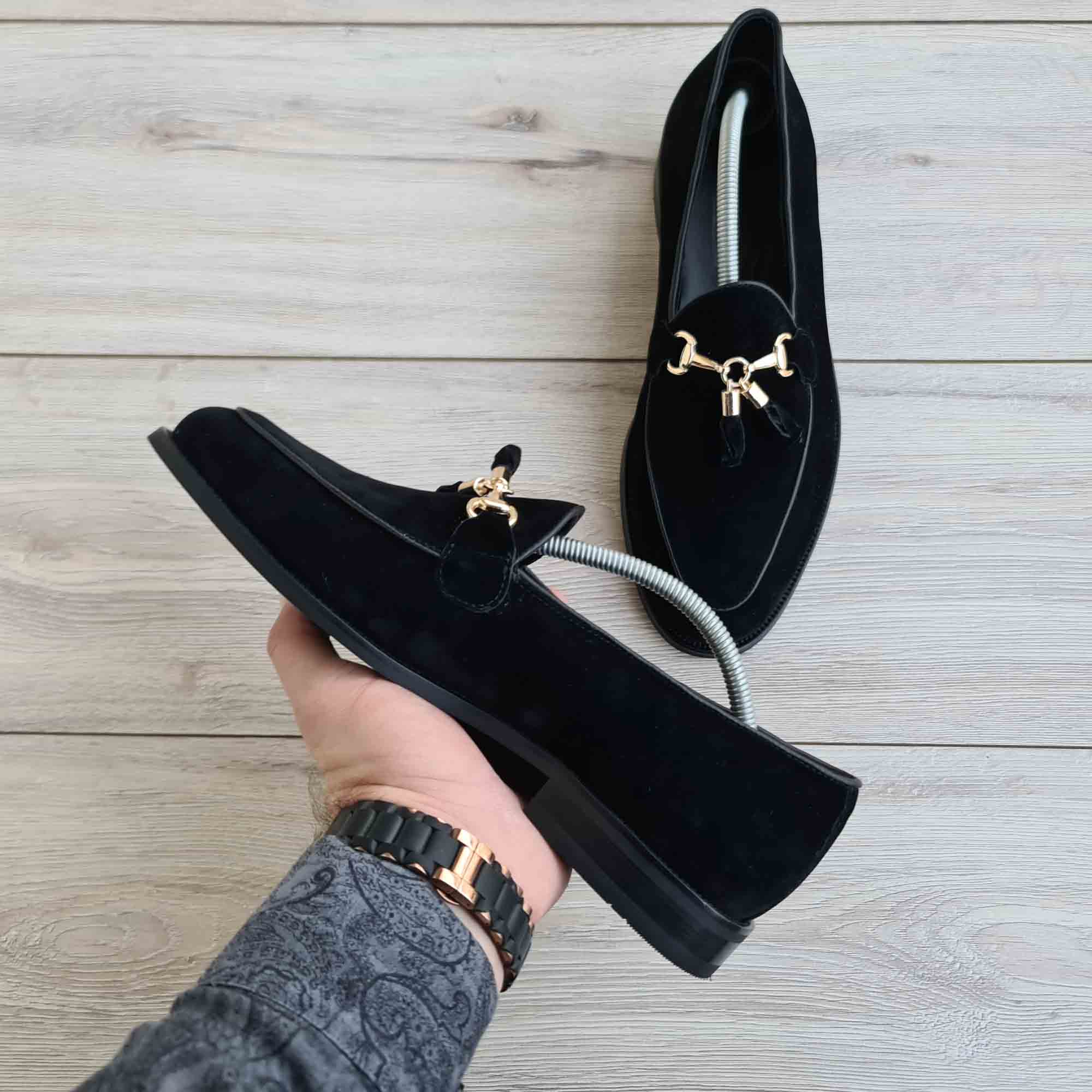 Ambrosio Black Suede Tassel Horsebit Loafer — three-quarter view | Scarpetto
