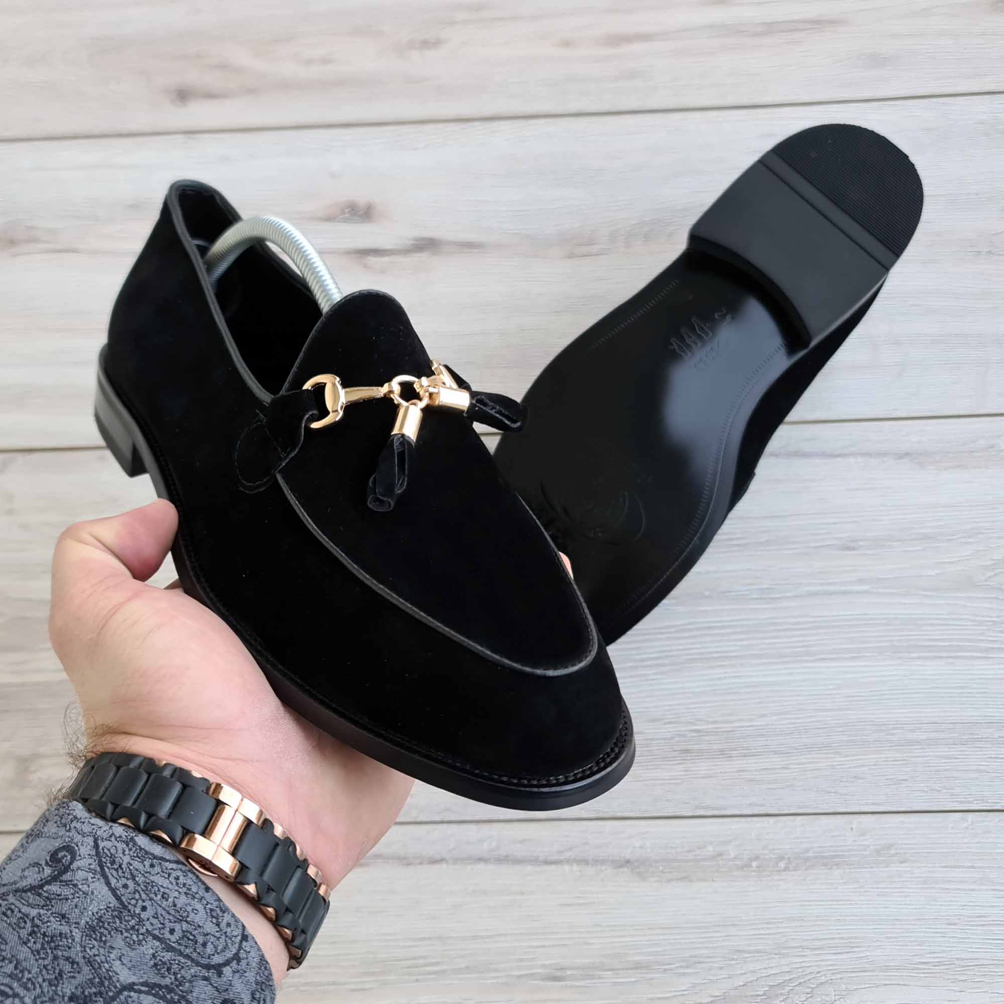 Ambrosio Black Suede Tassel Horsebit Loafer — heel detail | Scarpetto