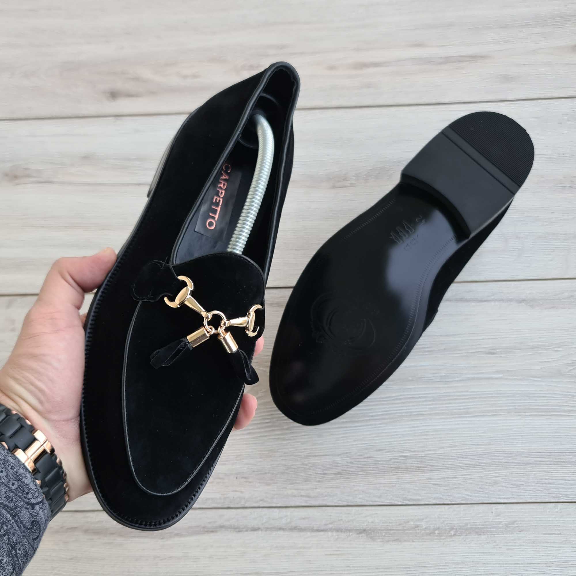 Ambrosio Black Suede Tassel Horsebit Loafer — sole detail | Scarpetto