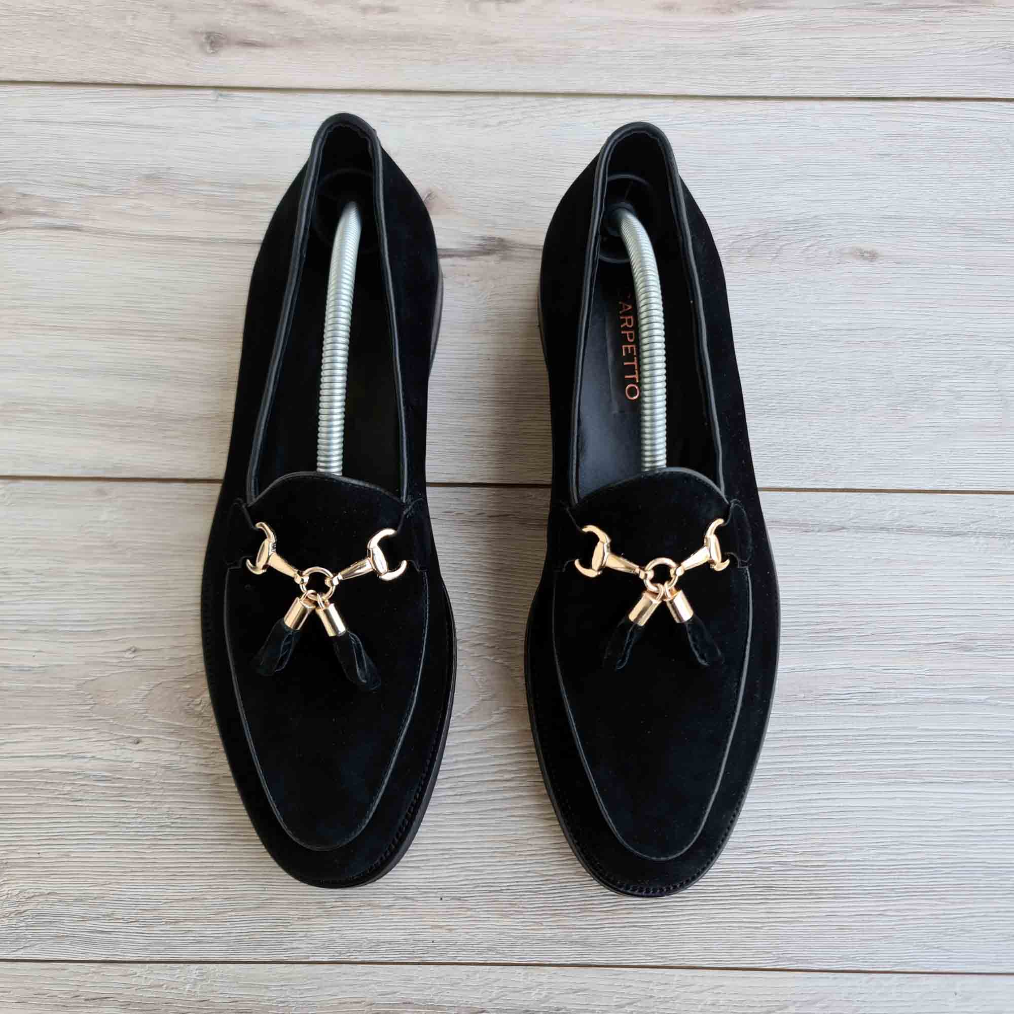 Ambrosio Black Suede Tassel Horsebit Loafer — side view | Scarpetto