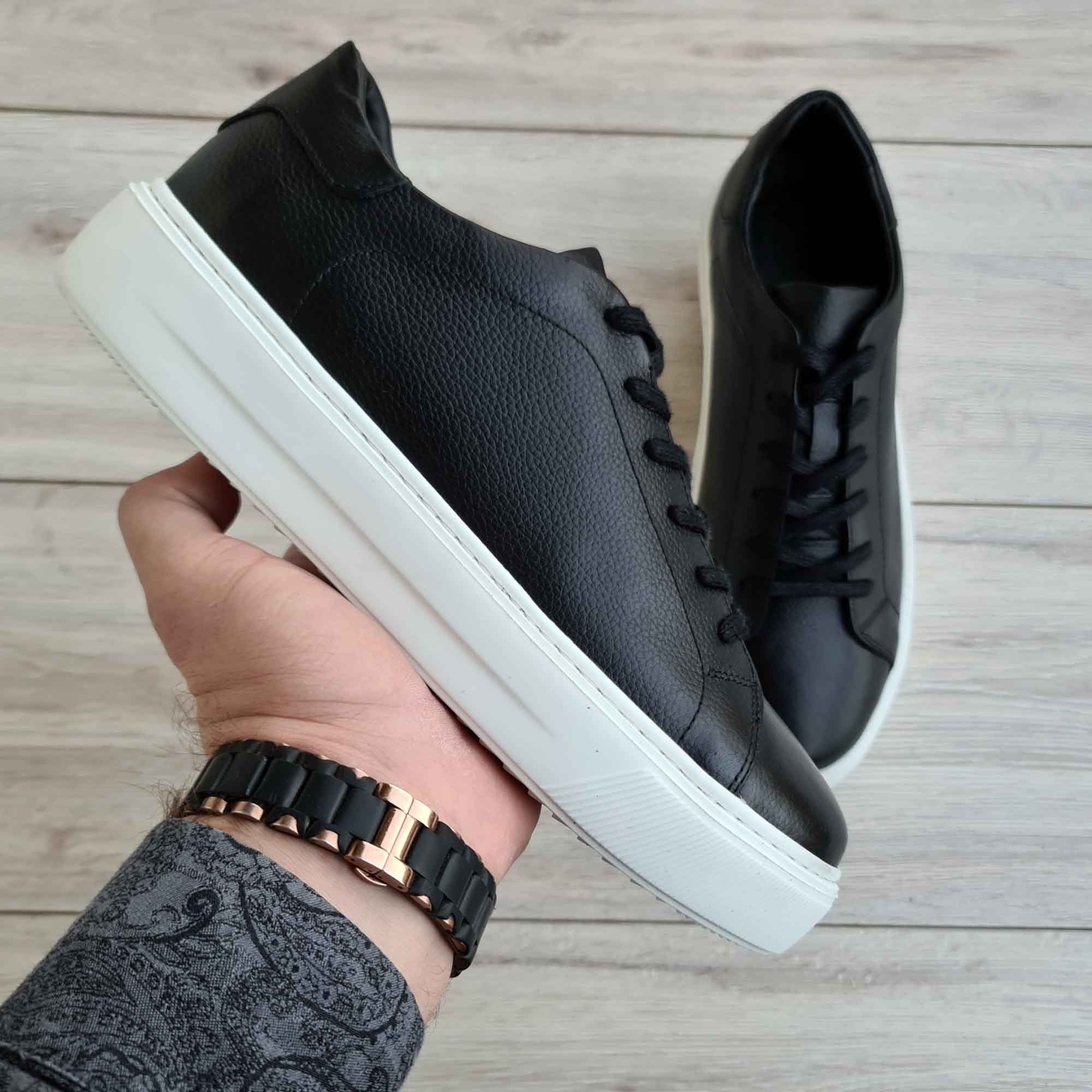 Black leather cheap trainer shoes