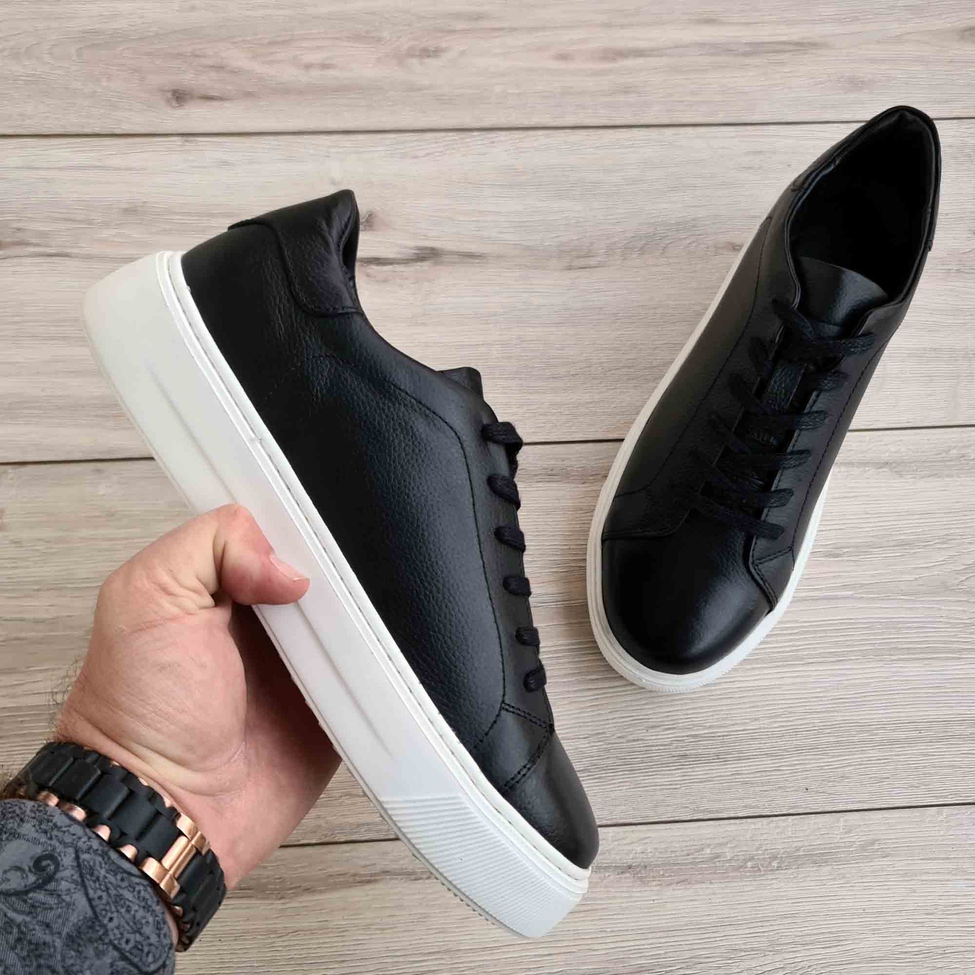 Black Genuine Leather Trainer Sneakers | High Sole
