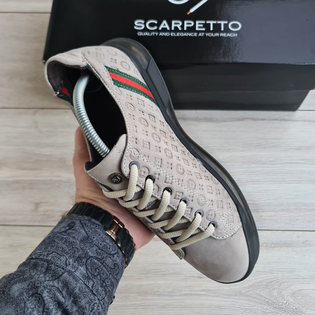 Damier Embossed Leather Men's Sneaker — three-quarter view | Scarpetto