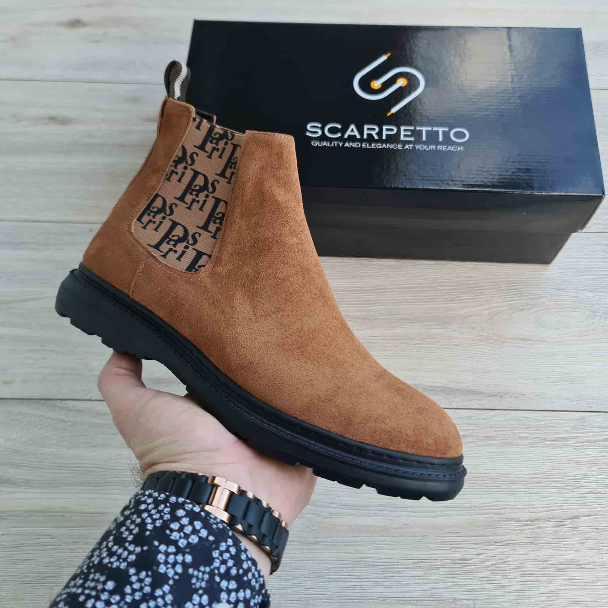 Paris Camel Suede Chelsea Boots for Men — three-quarter view | Scarpetto