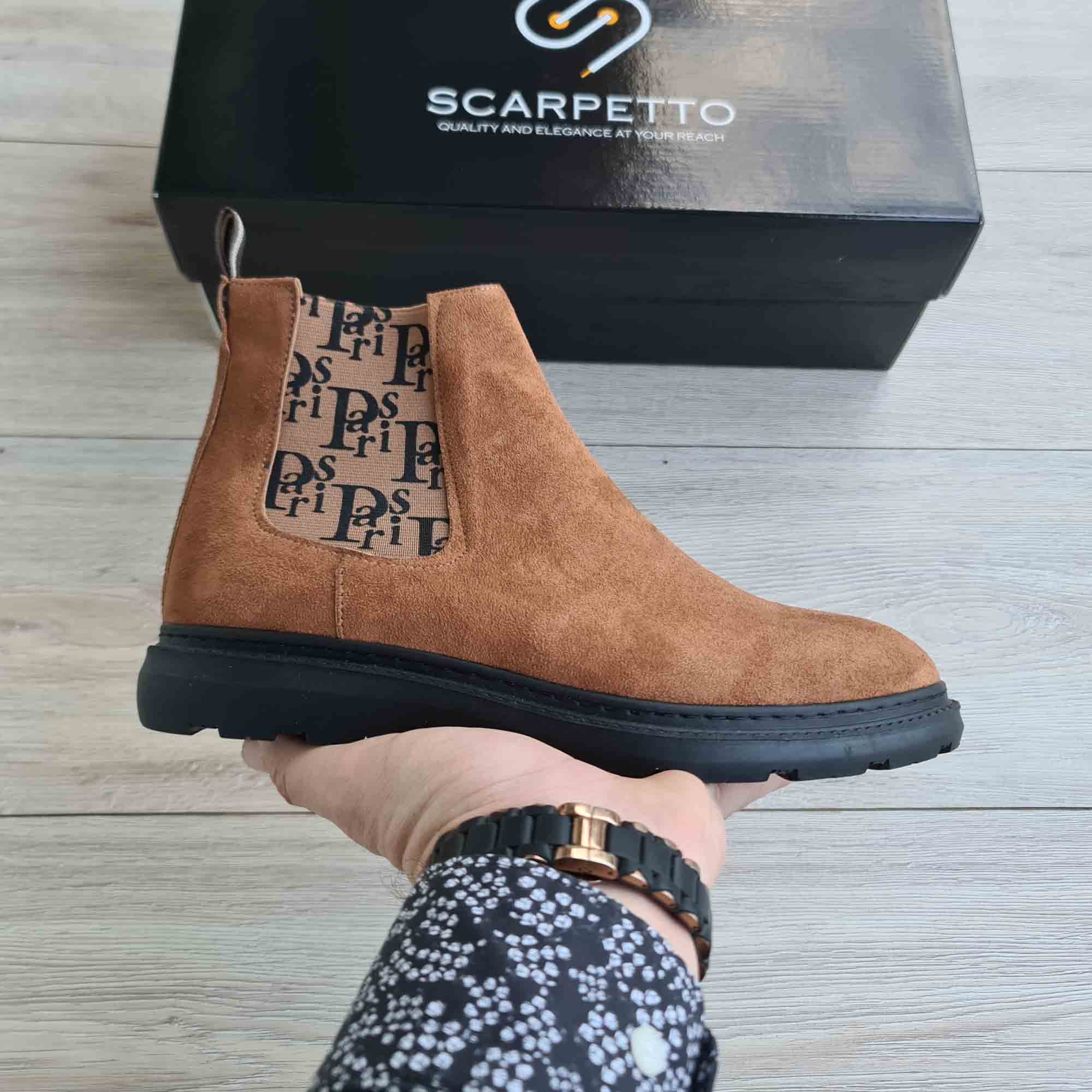 Paris Camel Suede Chelsea Boots for Men — front view | Scarpetto